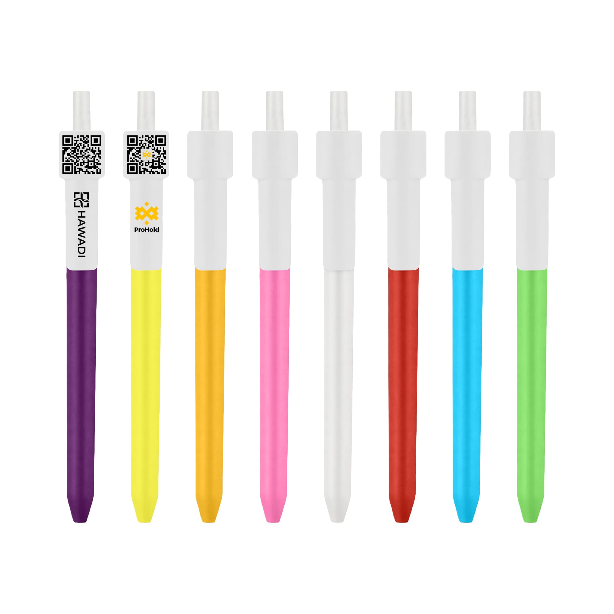 A selection of colourful click pens in purple, yellow, pink, red, blue, and green, featuring QR code designs and logos. QR Code Click Pen - Image 1