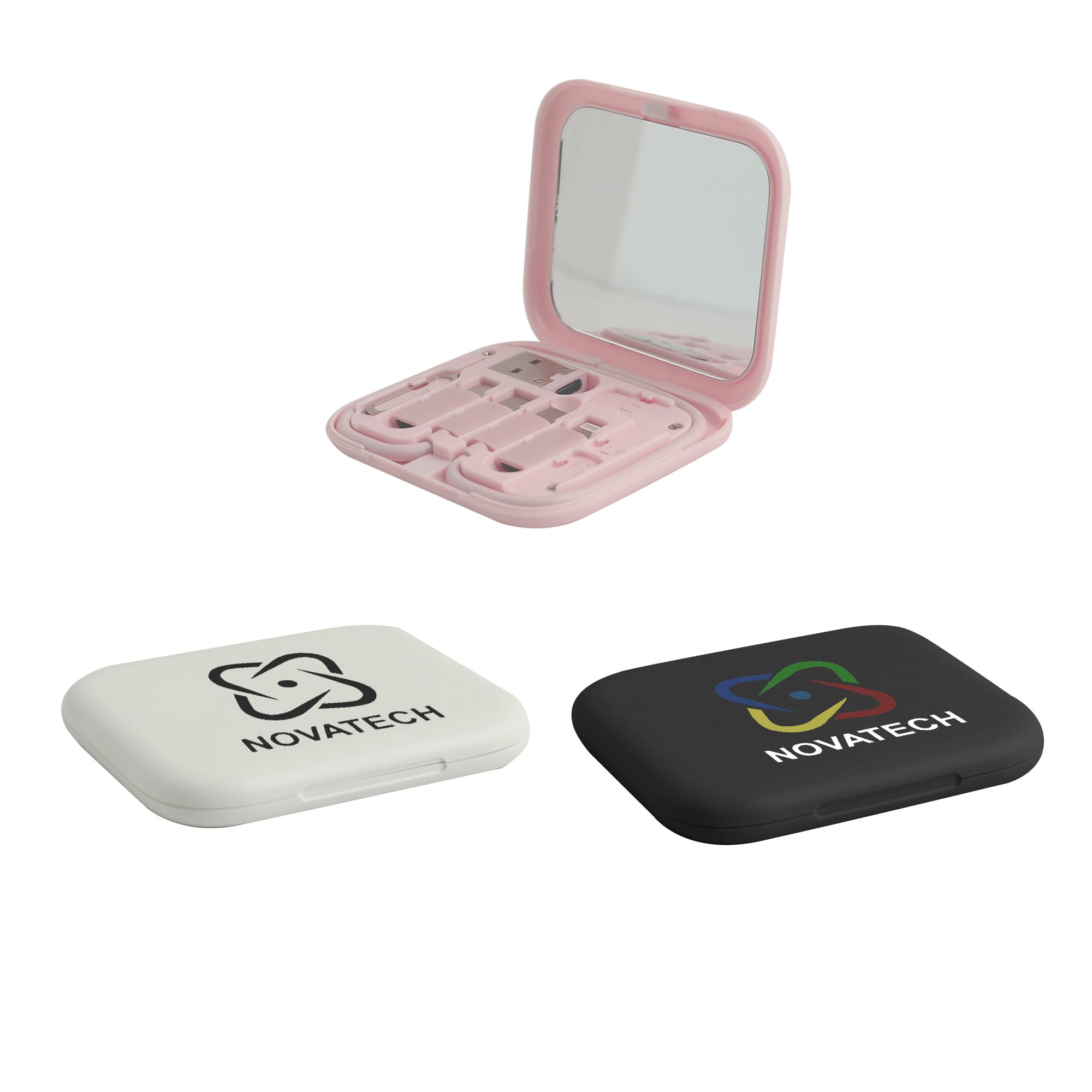A compact mirror with a pink case, featuring two additional cases in black and white, all with logos. Charging Data Cable Kit - Image 1