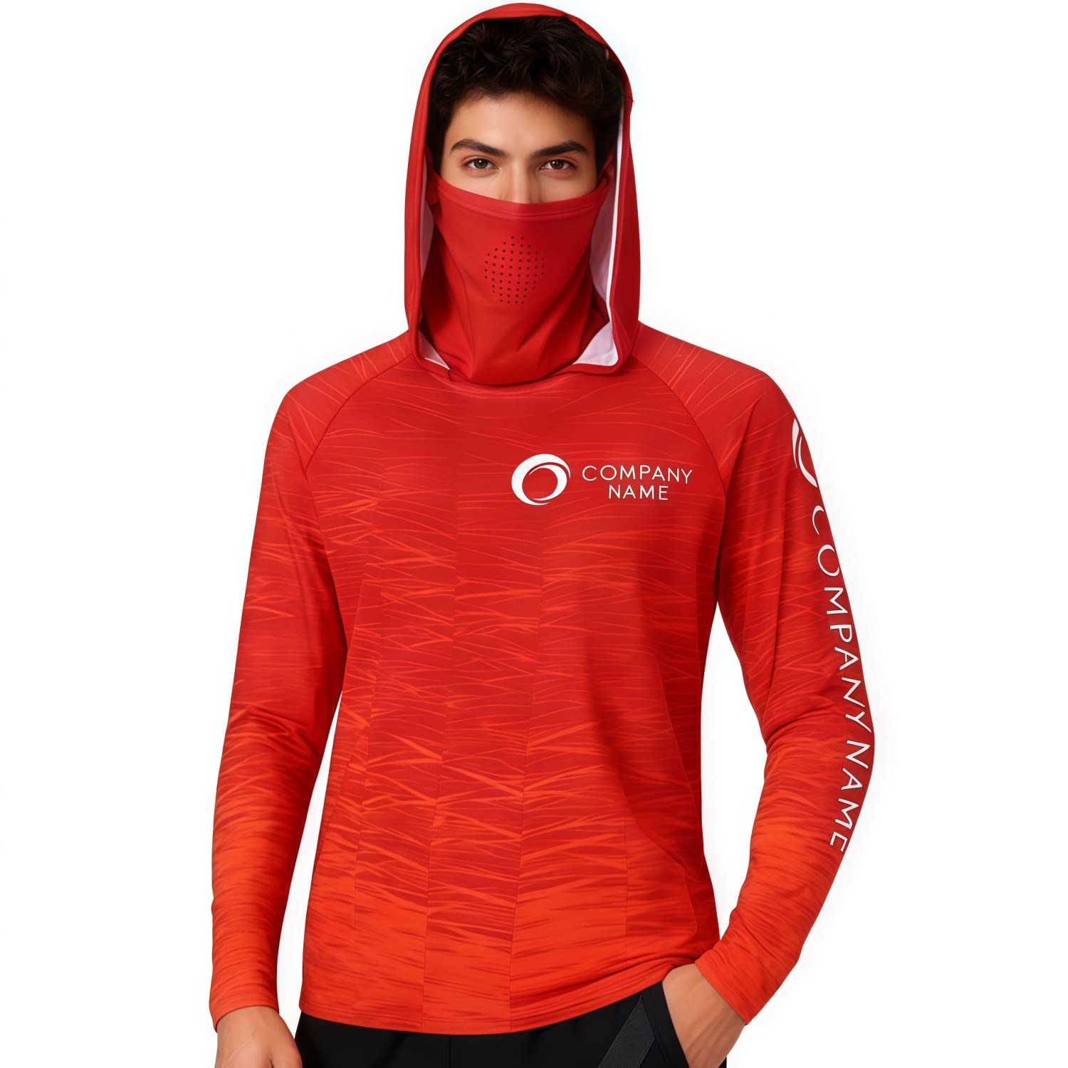 A red polyester spandex hoodie with a hood and face covering, featuring a logo on the chest and sleeve. Men's Polyester Spandex Sublimated Sun Protection Hoodie - Image 1