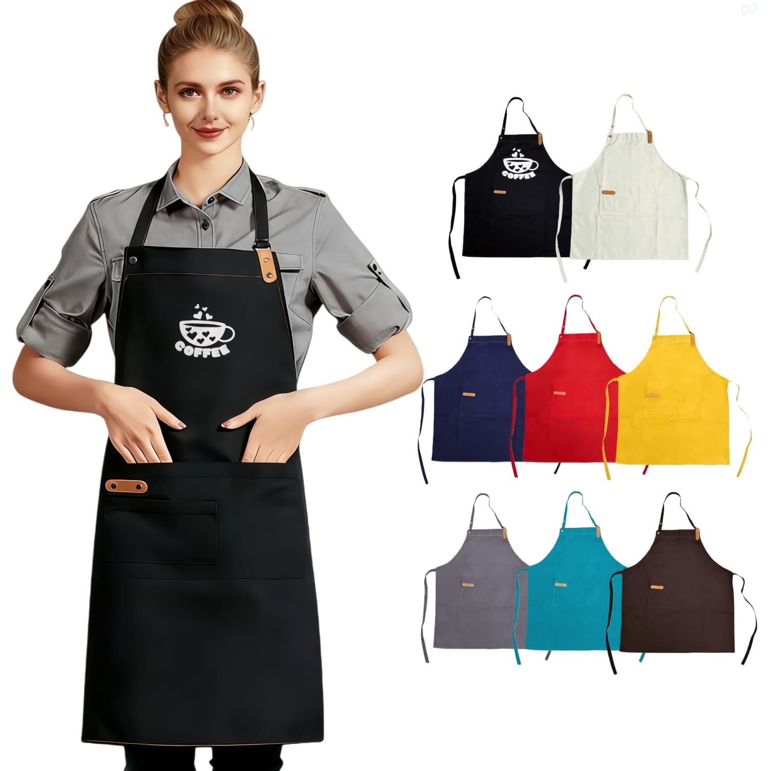 A woman wearing a black poly-cotton canvas bib apron, with various coloured aprons displayed behind her. Poly-Cotton Canvas Full Bib Apron With Neck Strap - Image 1