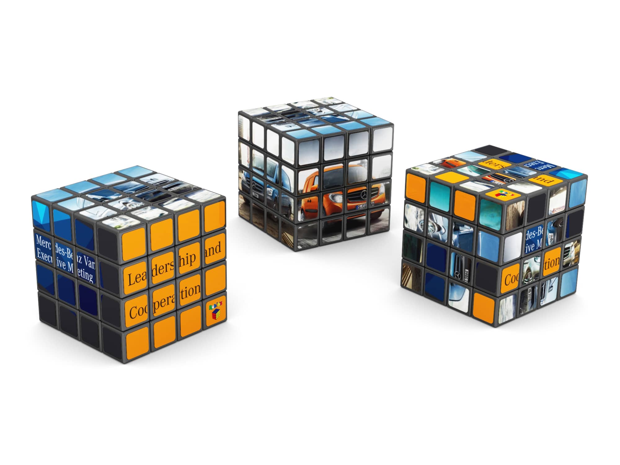 Three Rubik's Cubes in various designs, featuring vibrant colours and a mix of images and text. Each cube has a unique pattern. Rubik's Cube 4x4 64mm - Image 1