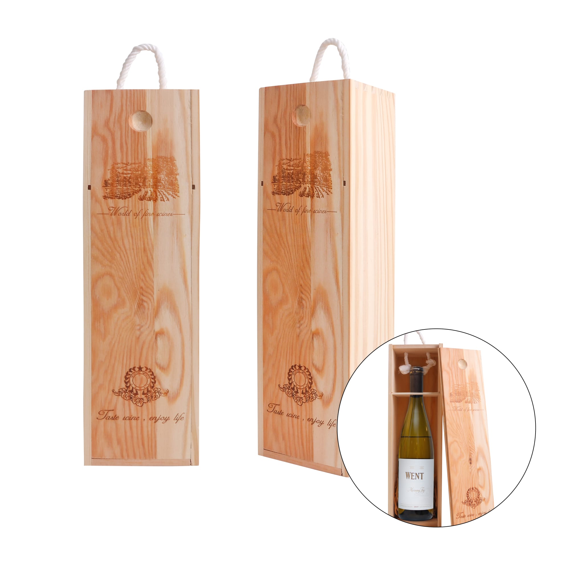 A wooden wine box in natural finish with a rope handle, designed to hold a single bottle. Contains a logo. Single Bottle Wooden Wine Box - Image 1