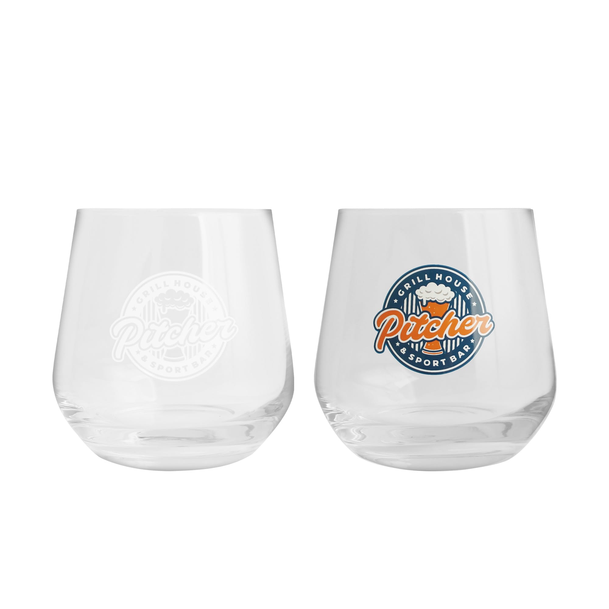 Two clear glass wine glasses, one featuring a logo and the other blank, with a tapered design. Wine Glass - Image 1