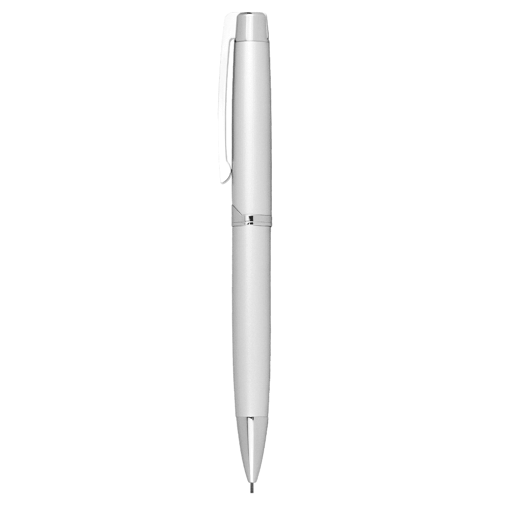 A white smooth twist action mechanical pencil with a sleek design and a silver clip. Features a logo on the barrel. Berlin Smooth Twist Action Mechanical Pencil - Image 1