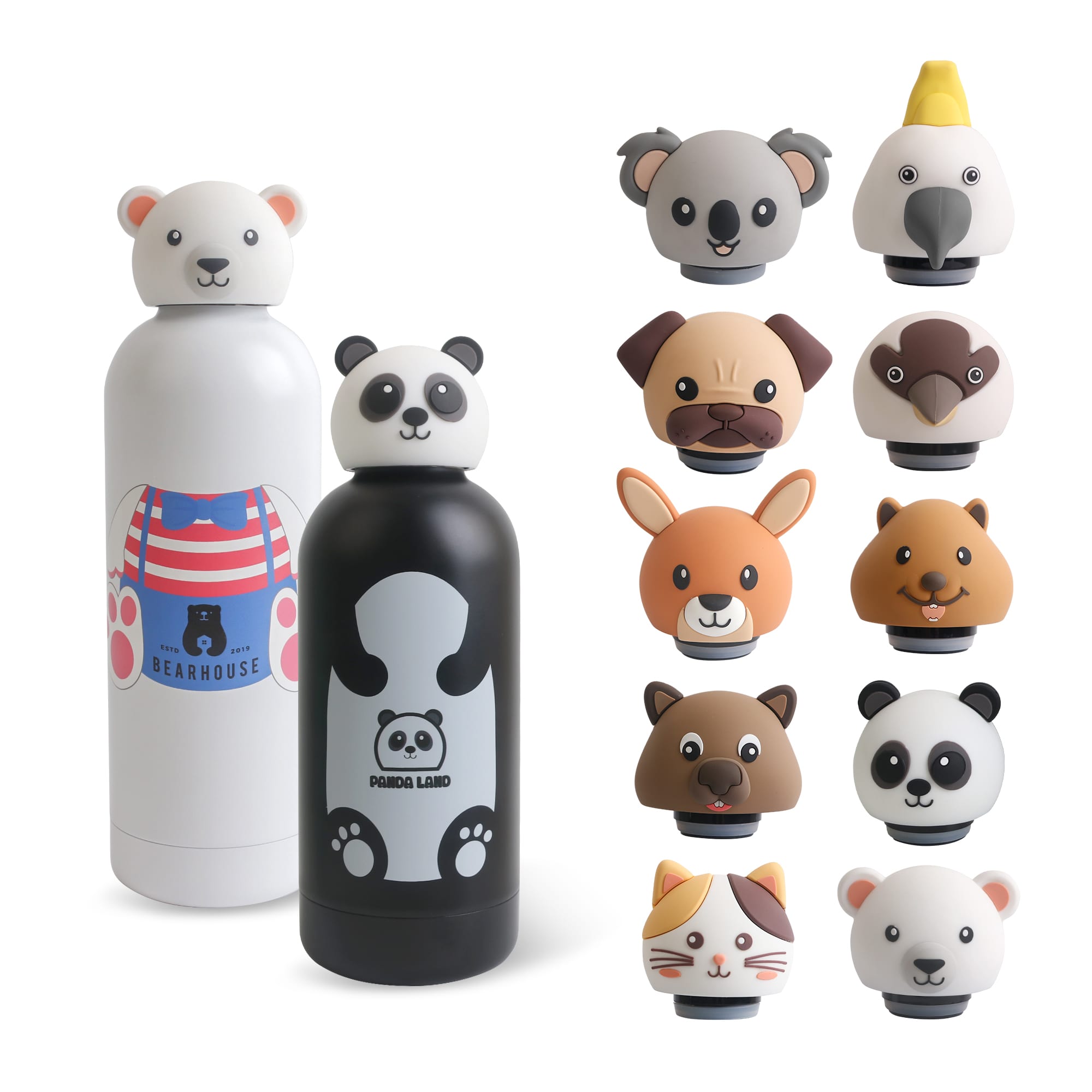 A drink bottle in white and pink with a bear design, and a black bottle with a panda design, featuring various animal heads. Double Wall Vacuum Bottle with Animal Head - Image 1