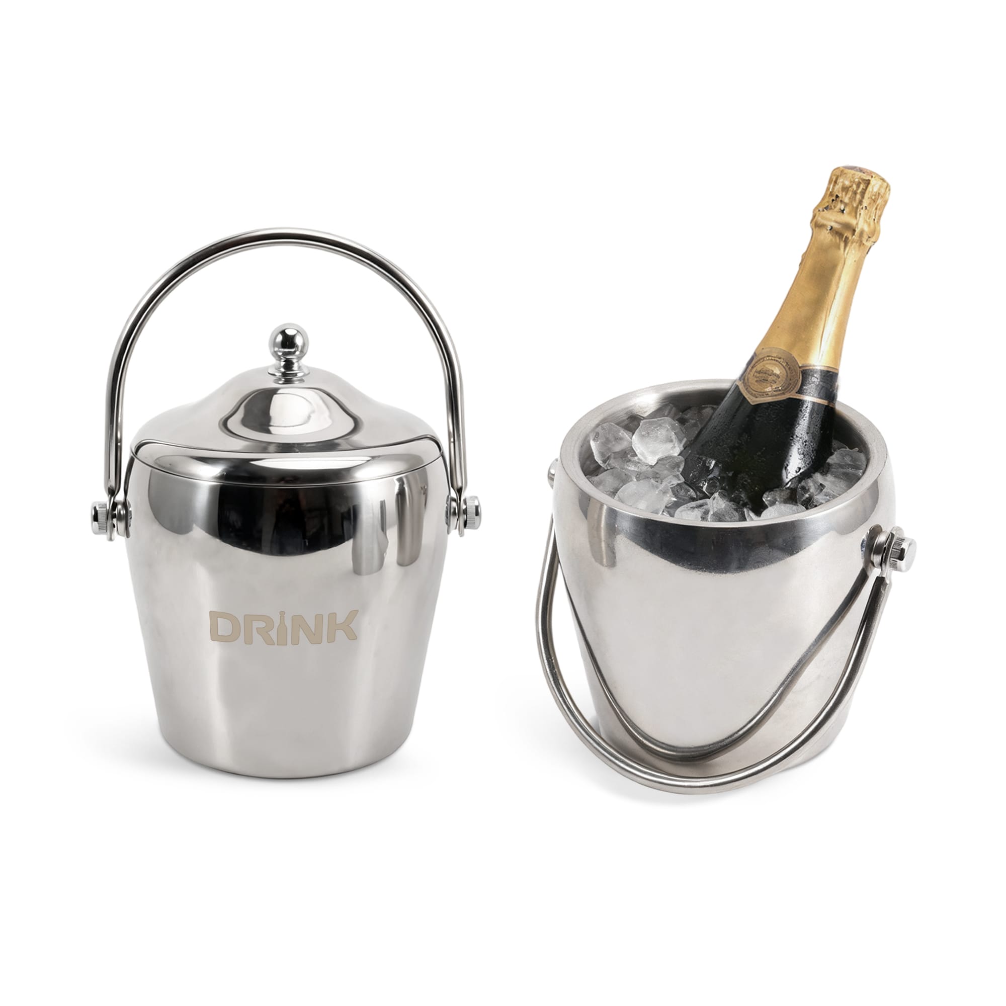 A stainless steel cooler bucket with a handle, filled with ice and a champagne bottle inside. Cooler Bucket - Image 1