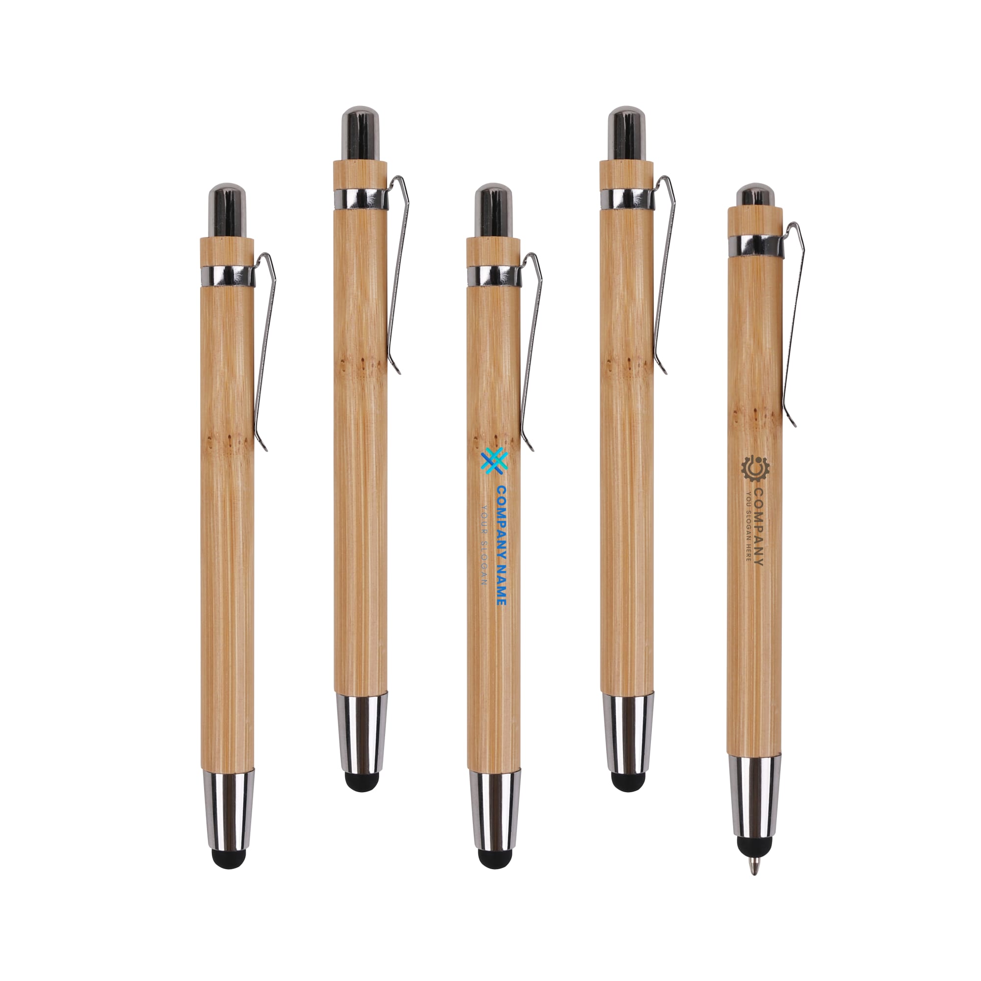 A set of bamboo pens featuring a stylus nib, with black accents and various branding on the barrels. Bamboo Pen with Stylus Nib - Image 1