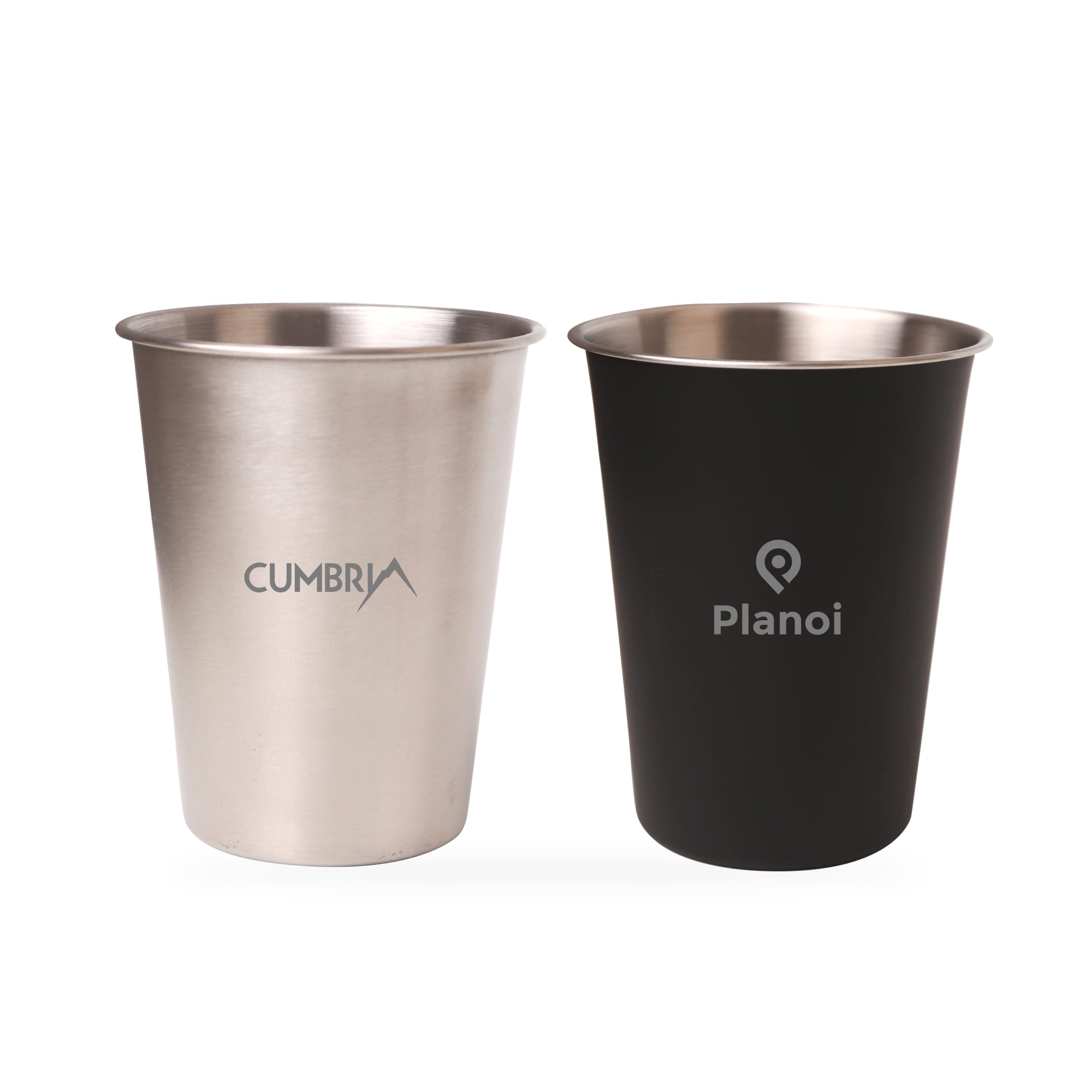 A stainless steel cup with a natural finish and a black cup, both featuring branding. Capacity of 350ml. Stainless Steel Cup (350ml) - Image 1