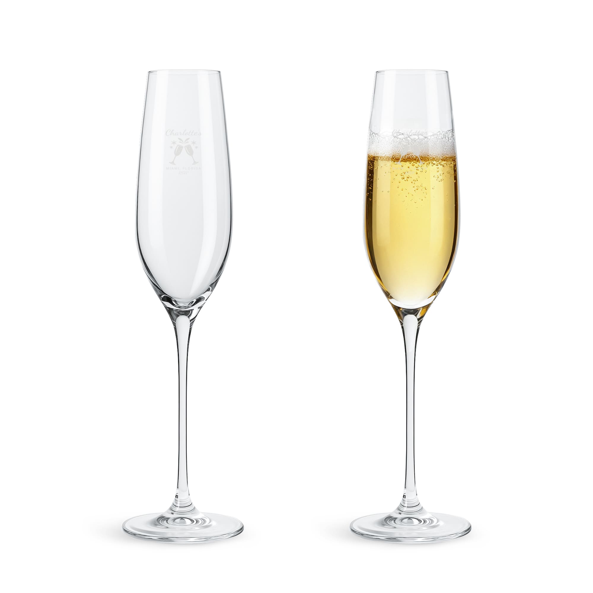 Two elegant classic champagne flutes, one empty and one filled with sparkling champagne, both in clear glass. Classic Champagne Flute - Image 1