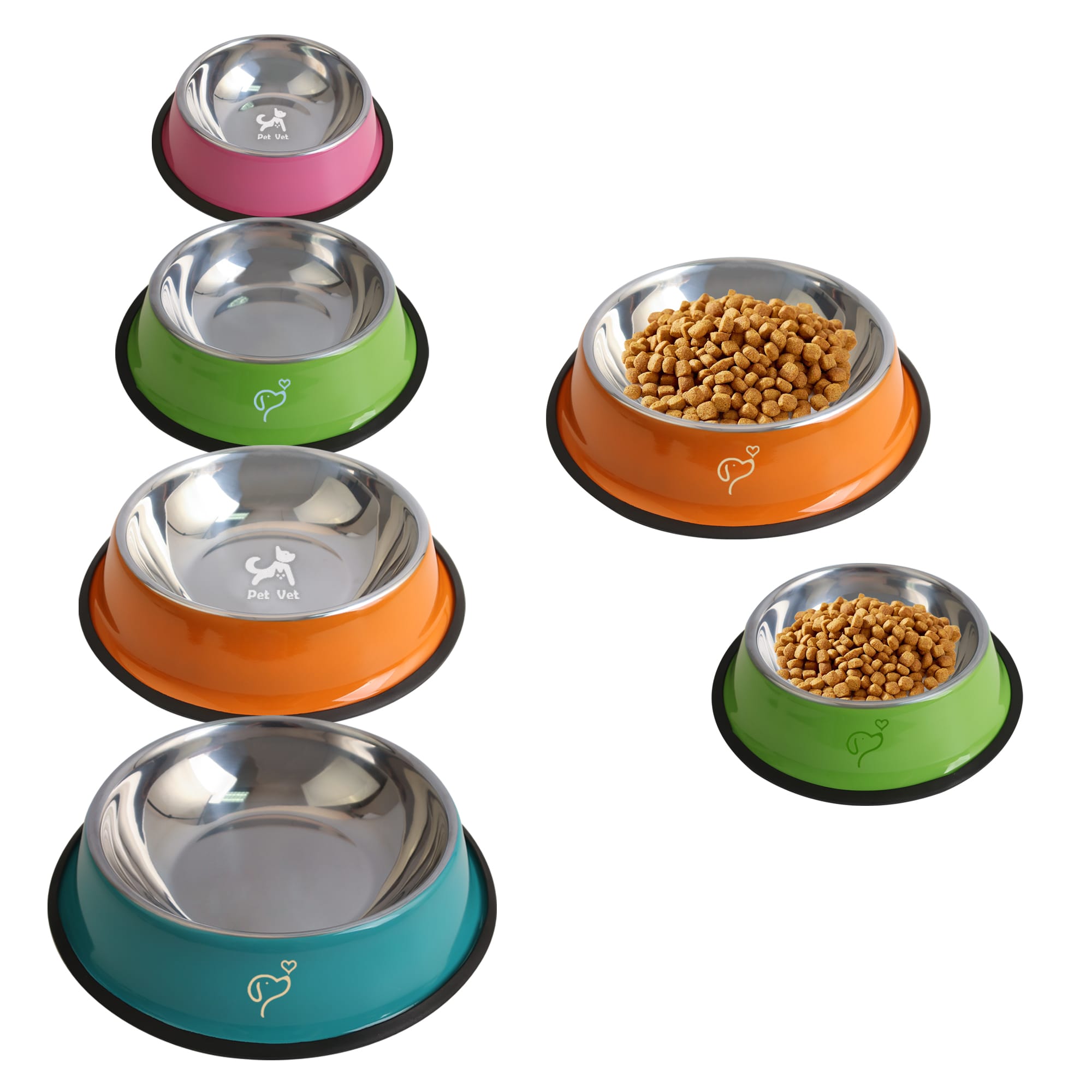 A set of pet feeding bowls in orange, green, pink, and teal, featuring stainless steel interiors and rubber bases. Pet Feeding Bowl - Image 1