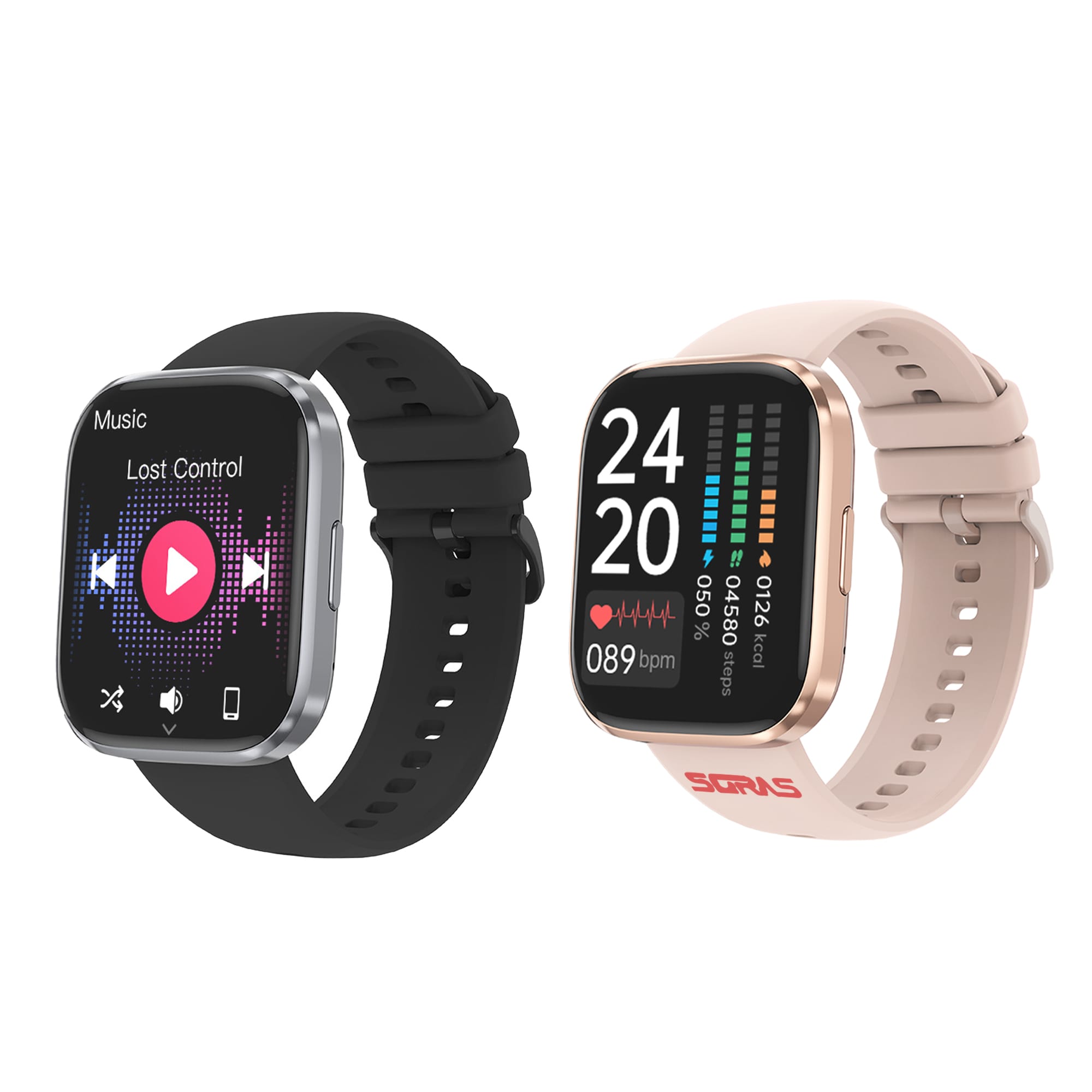 A square smartwatch in black and a rose gold variant, featuring various display interfaces and a logo. 1.96" Square Smart Watch - Image 1