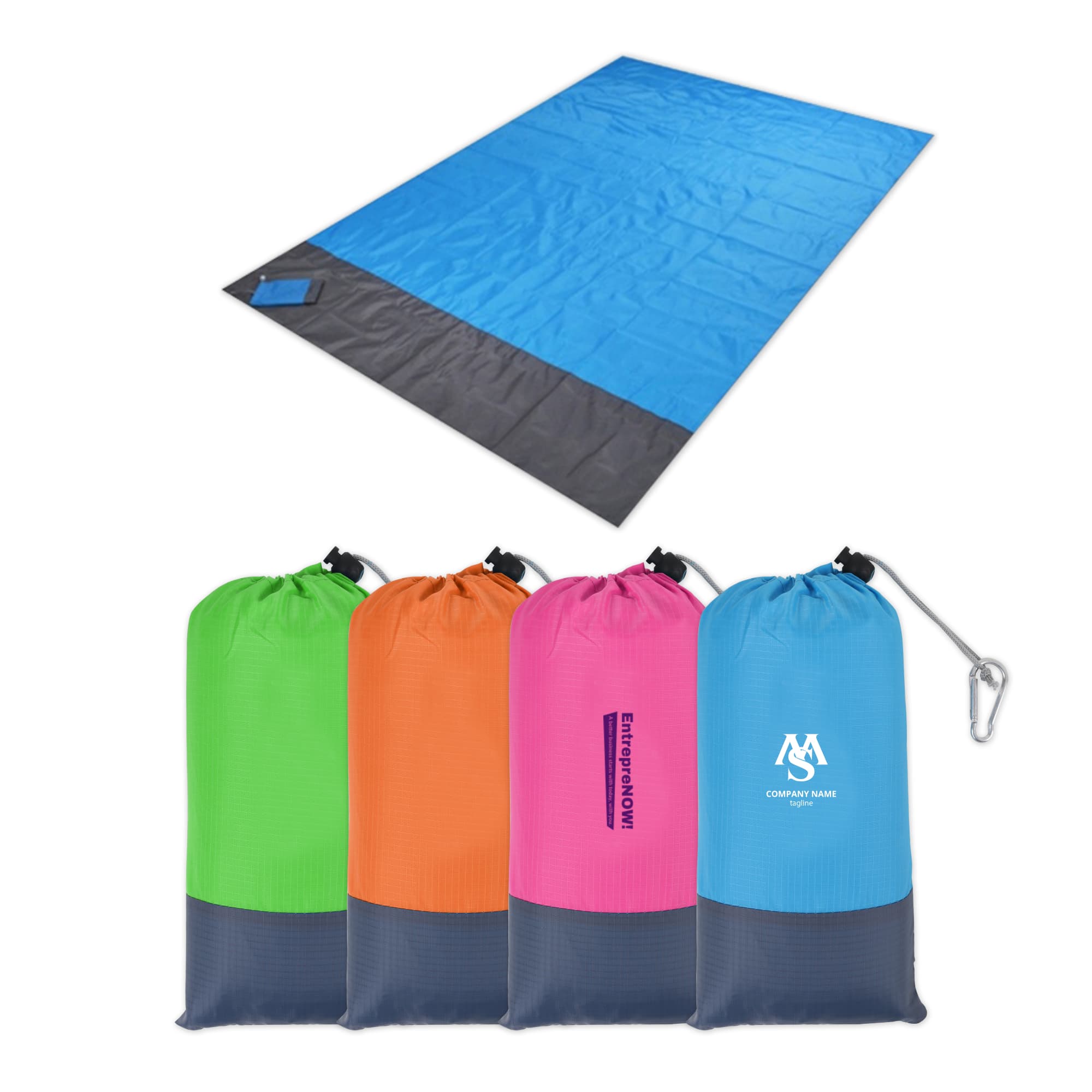 A medium picnic blanket in blue and grey with four colourful pouches in green, pink, orange, and blue. Pouch Picnic Blanket - Medium - Image 1