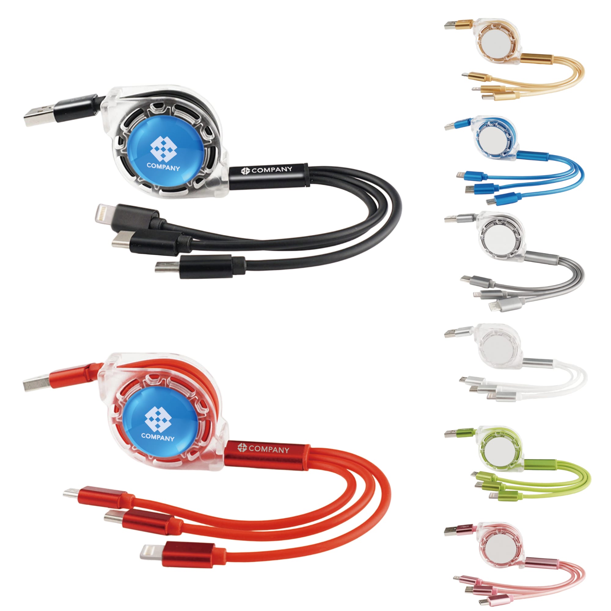 A retractable charging cable in black, red, and various colours, featuring multiple connector types and a logo. 3-in-1 Retractable Charging Cable - Image 1