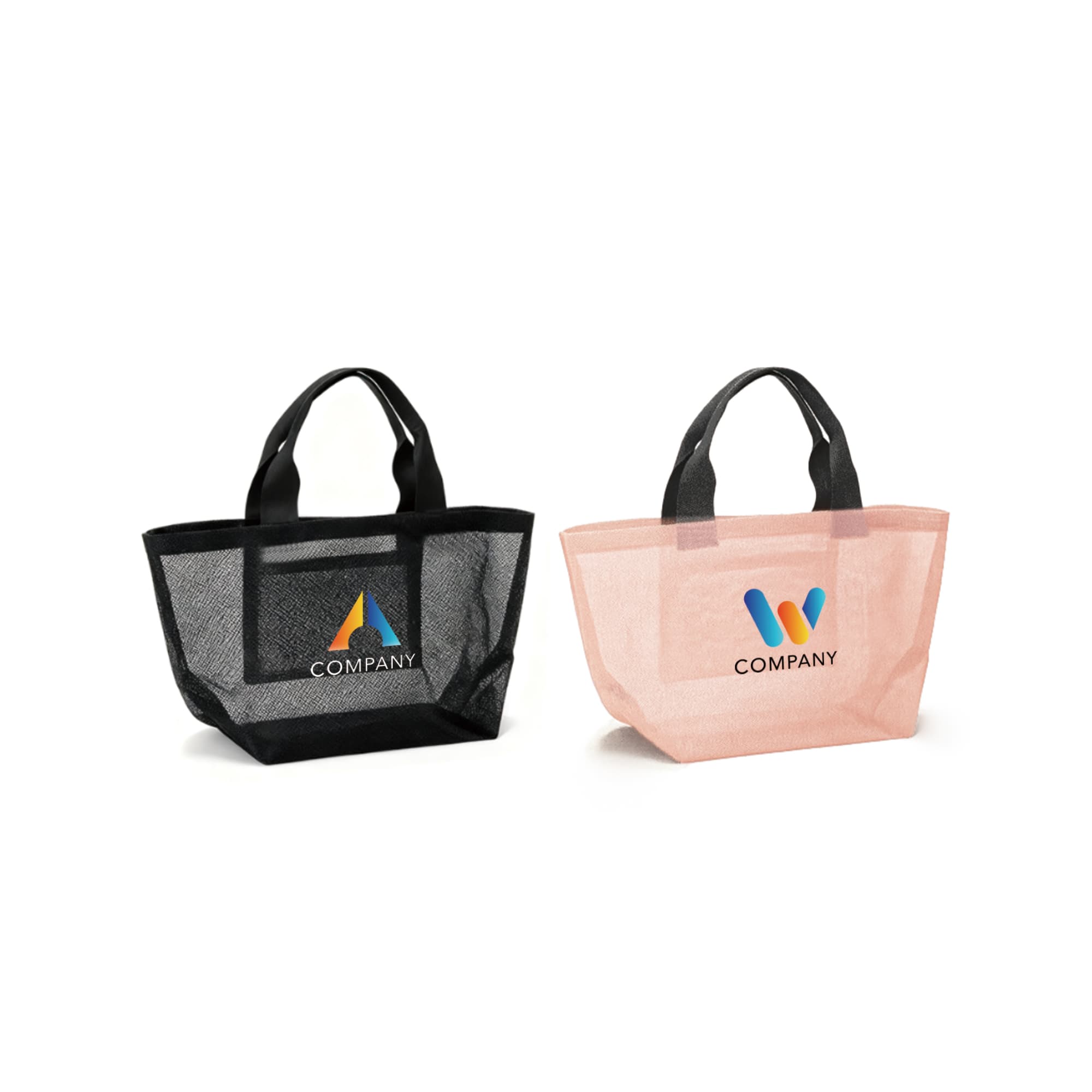 Two premium small mesh beach tote bags in black and pastel pink, each featuring a logo on the front. Premium Small Mesh Beach Tote Bag - Image 1