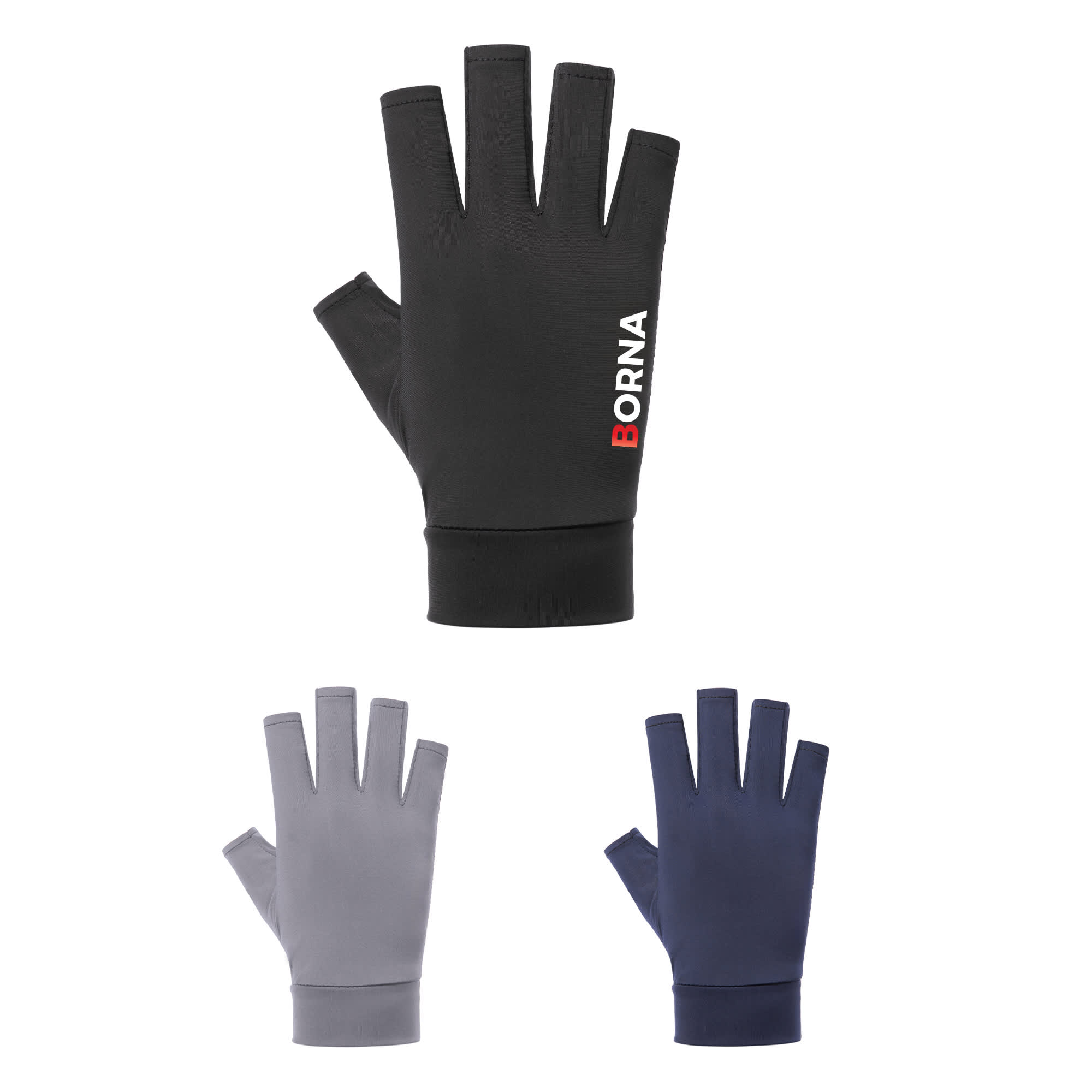 Fingerless sun protection gloves in black, grey, and navy blue, featuring a logo on the black pair. Sun Protection Fingerless Gloves - Image 1