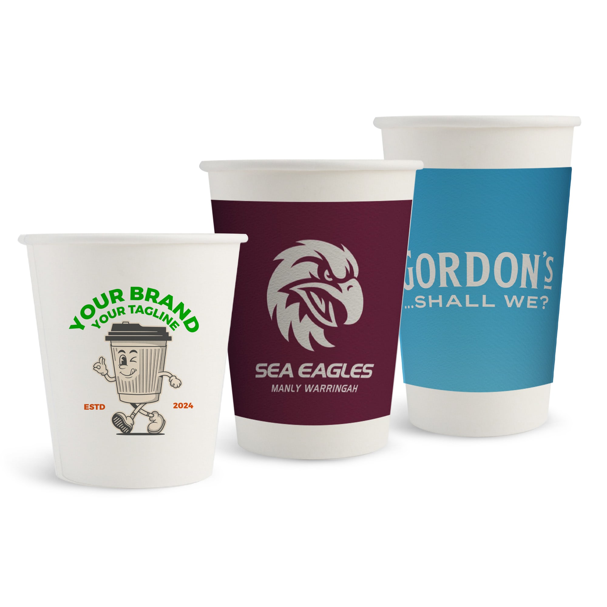Three single wall paper cups in white, maroon, and blue, featuring various designs and logos. Home Compostable Aqueous Single Wall Paper Cups - Image 1