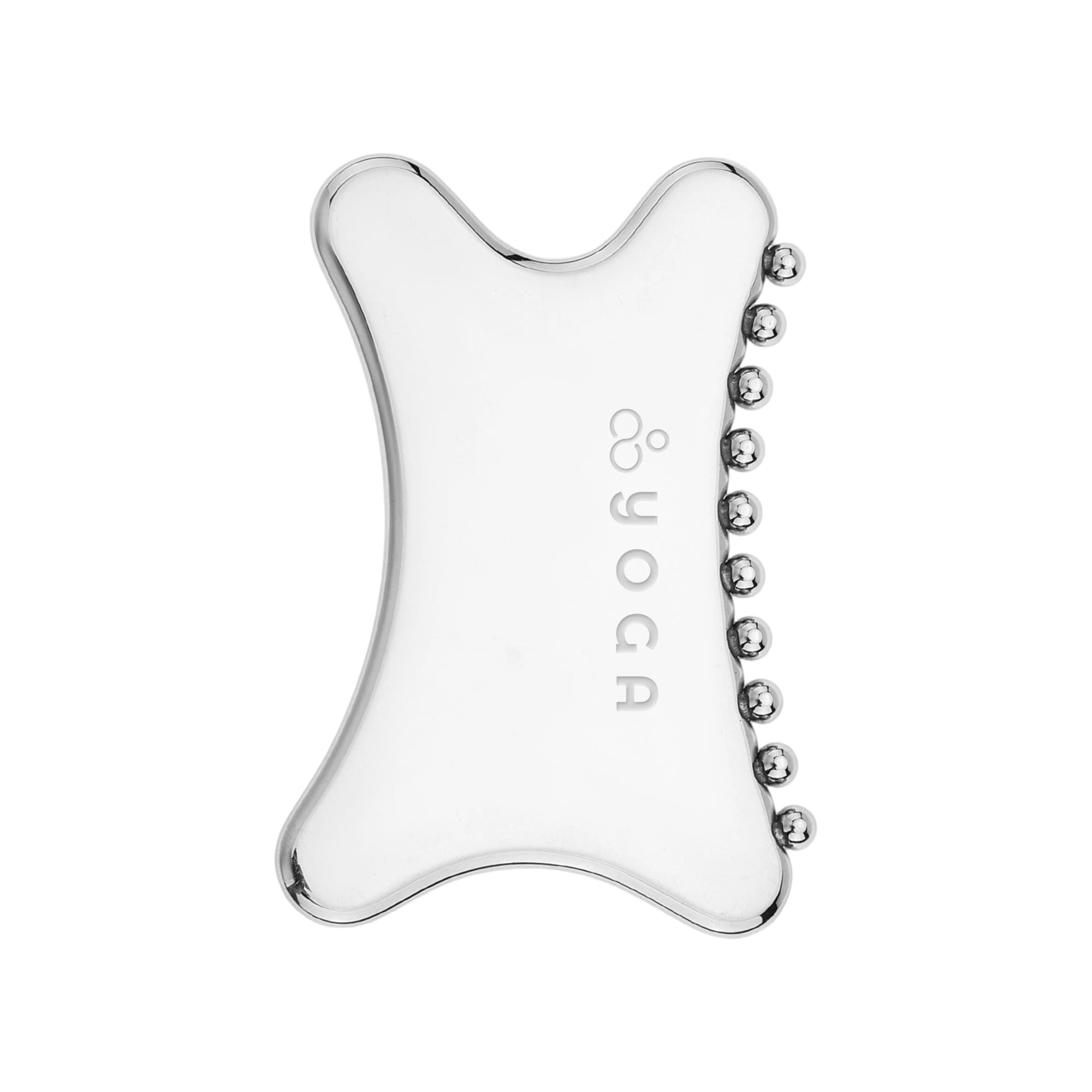 A silver Gua Sha tool featuring a smooth surface and rounded edges, with small beads along one side. Gua Sha Tool - Image 1