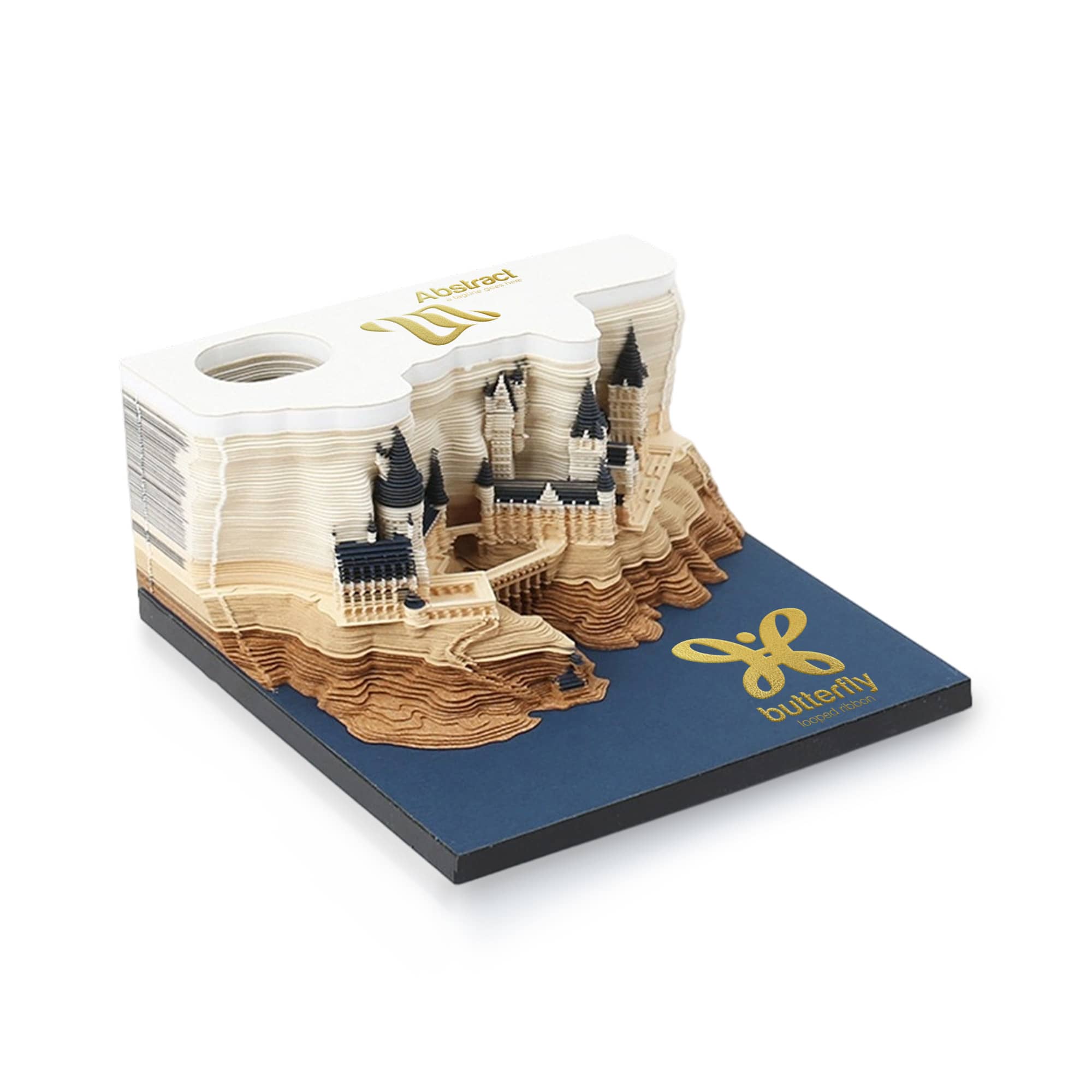 A 3D paper carving notepad in cream and blue featuring an intricate castle design atop a layered landscape. 3D Paper Carving Notepad Weekly Calendar - Image 1