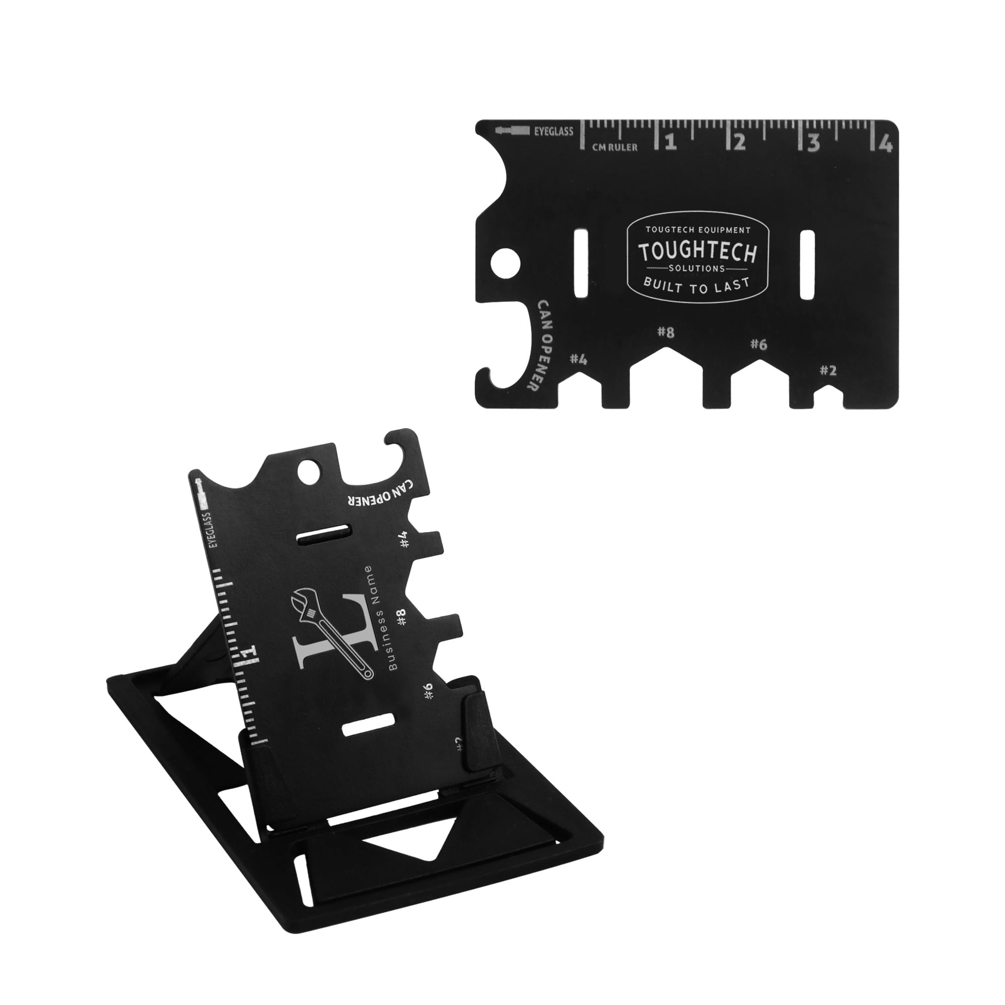 A multi-function phone stand in black, featuring various measurement markings and a logo. Multi-function Phone Stand - Image 1