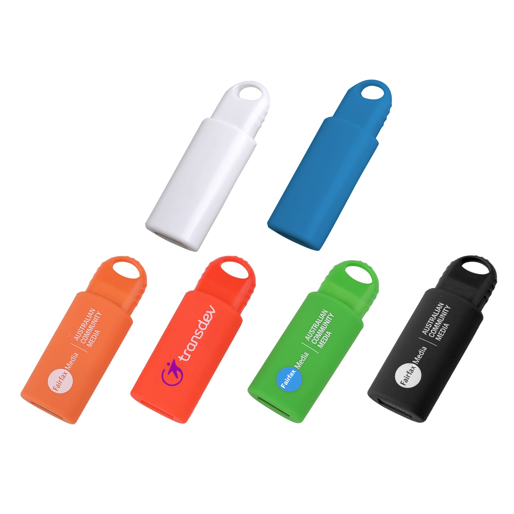 A collection of seven flash drives in white, blue, green, orange, and black, featuring various logos. Click Button Flash Drive - Image 1