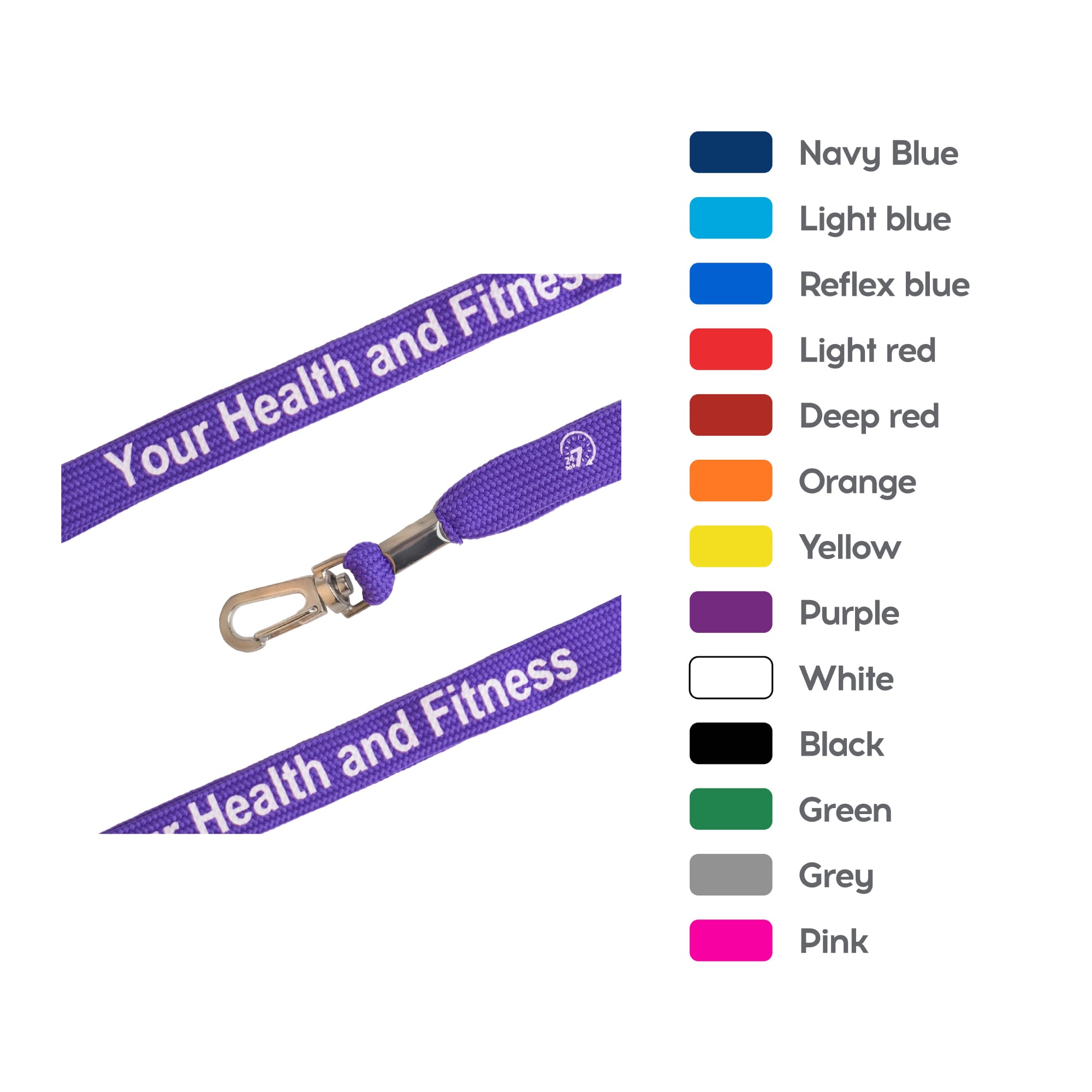 A purple Bootlace Lanyard with a clip, featuring a logo and text, alongside a colour swatch of available options. Bootlace Lanyard - Image 1