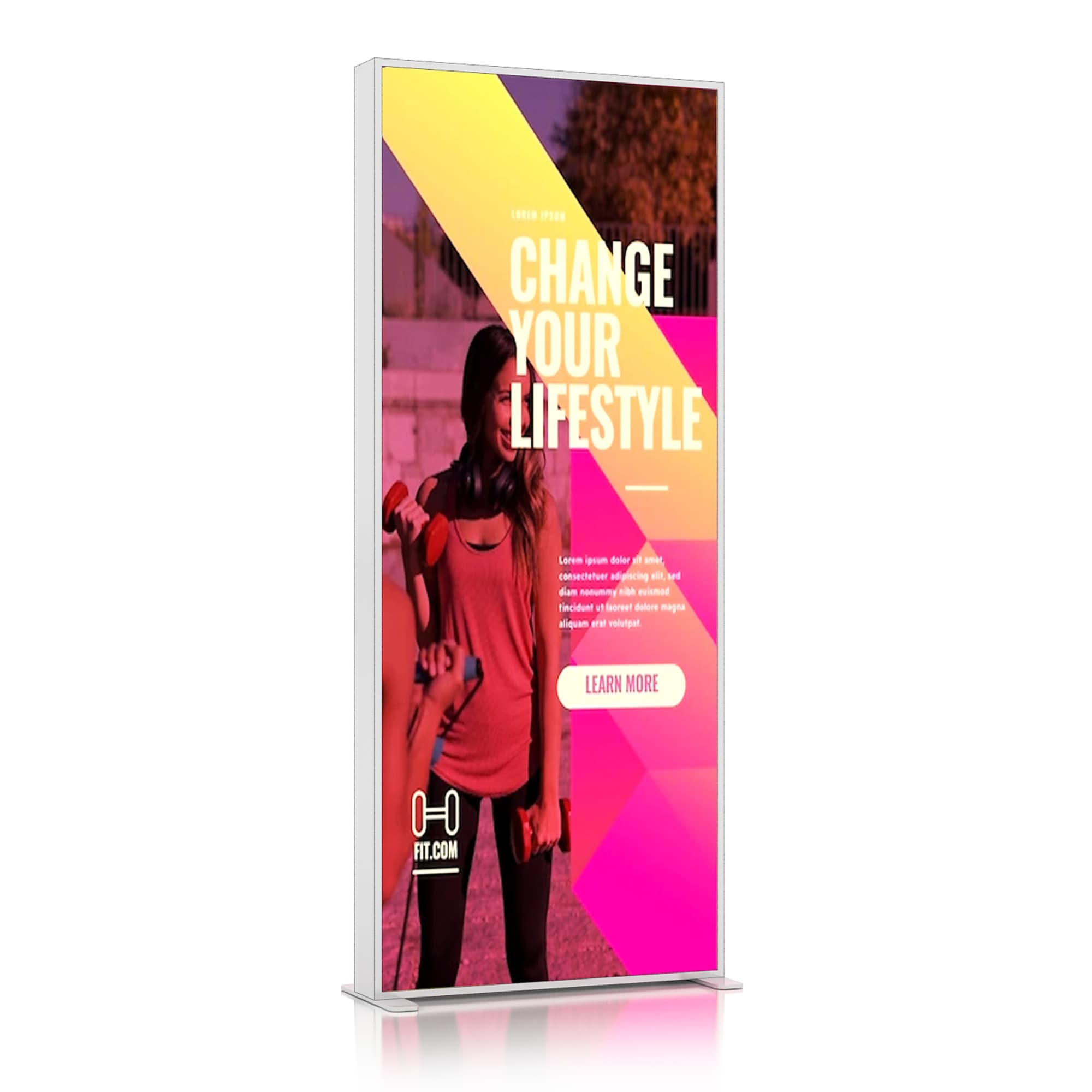 A SEG backlit LED light box display in a sleek white frame featuring vibrant pink and orange geometric graphics. SEG Backlit LED Light Box Display (100 x 240cm) - Image 1