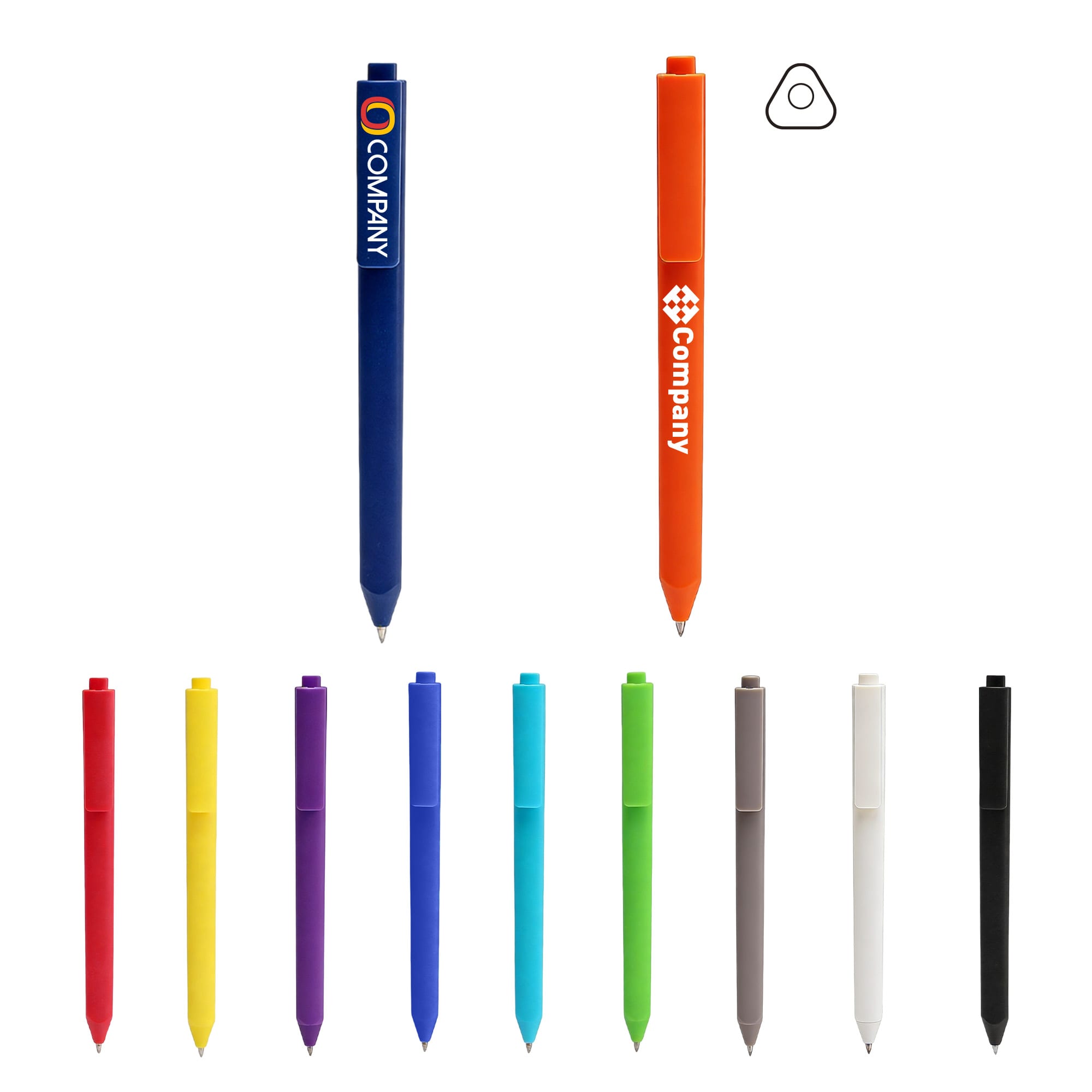 A triangular grip pen in multiple colours, including blue, orange, red, yellow, green, and black, with a logo. Triangular Grip Pen - Image 1