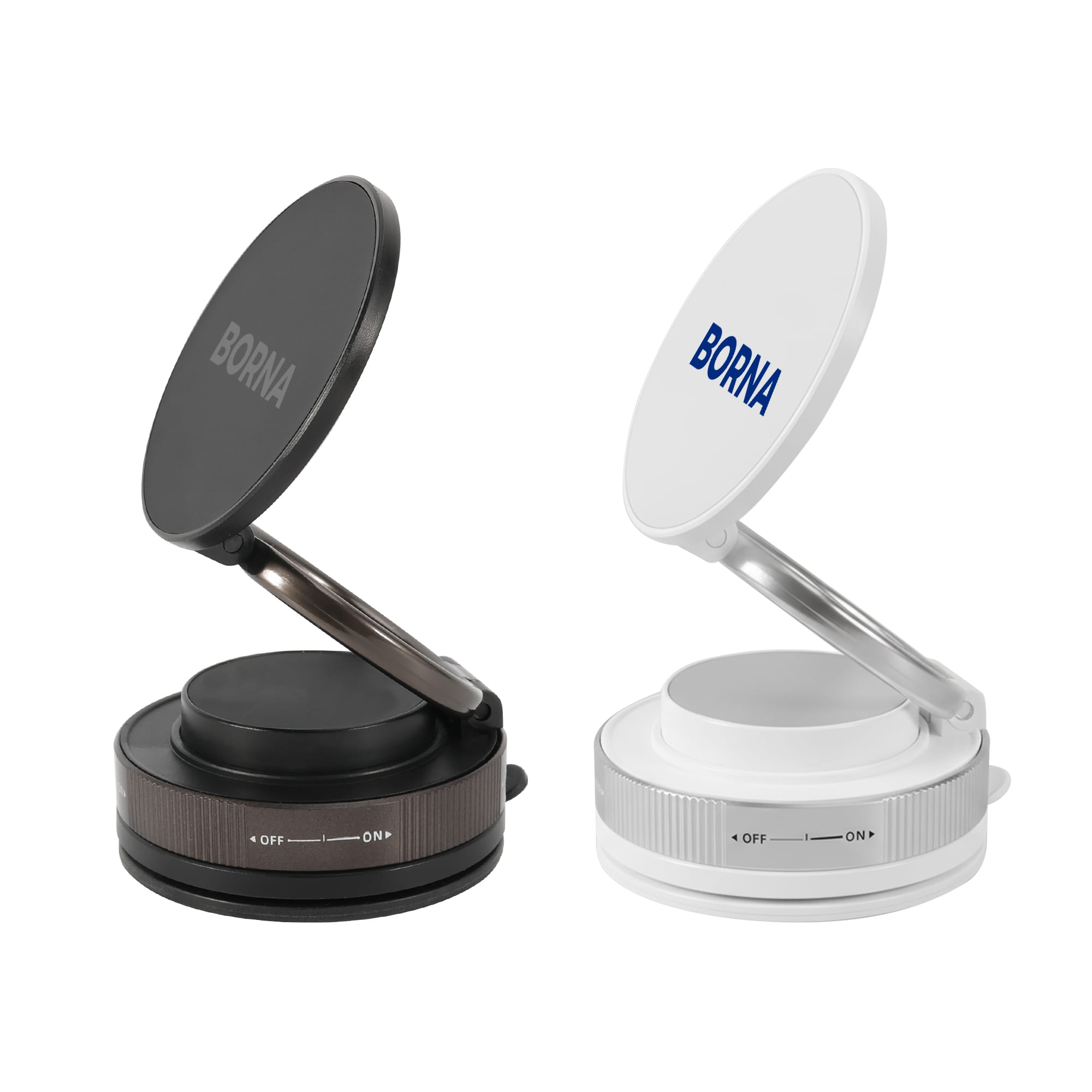 A suction magnetic phone holder in black and white with a circular design and adjustable stand. It features a logo. Suction Magnetic Phone Holder - Image 1