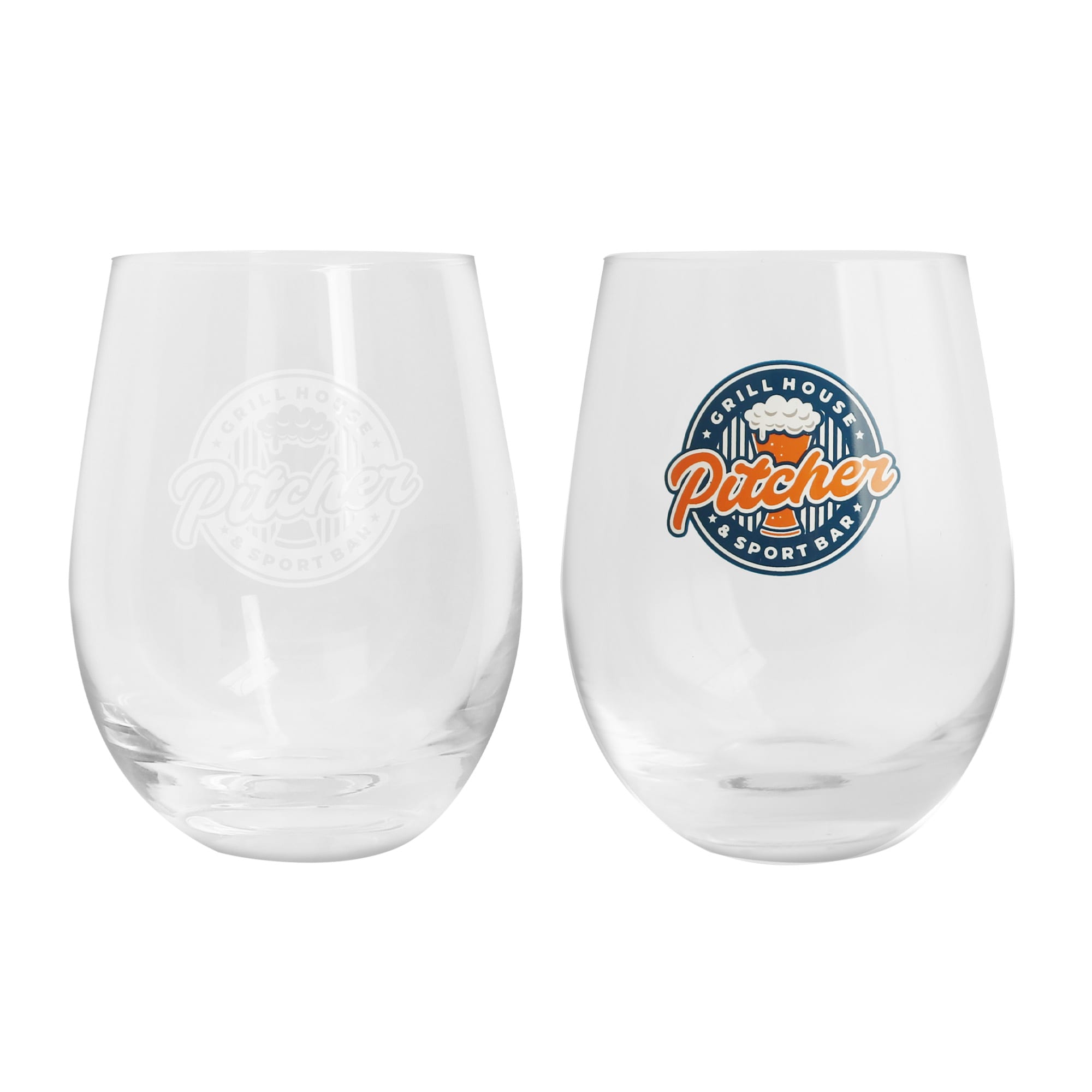 A clear glass cup with an egg shape, featuring a logo on one side. Egg Shaped Glass Cup - Image 1