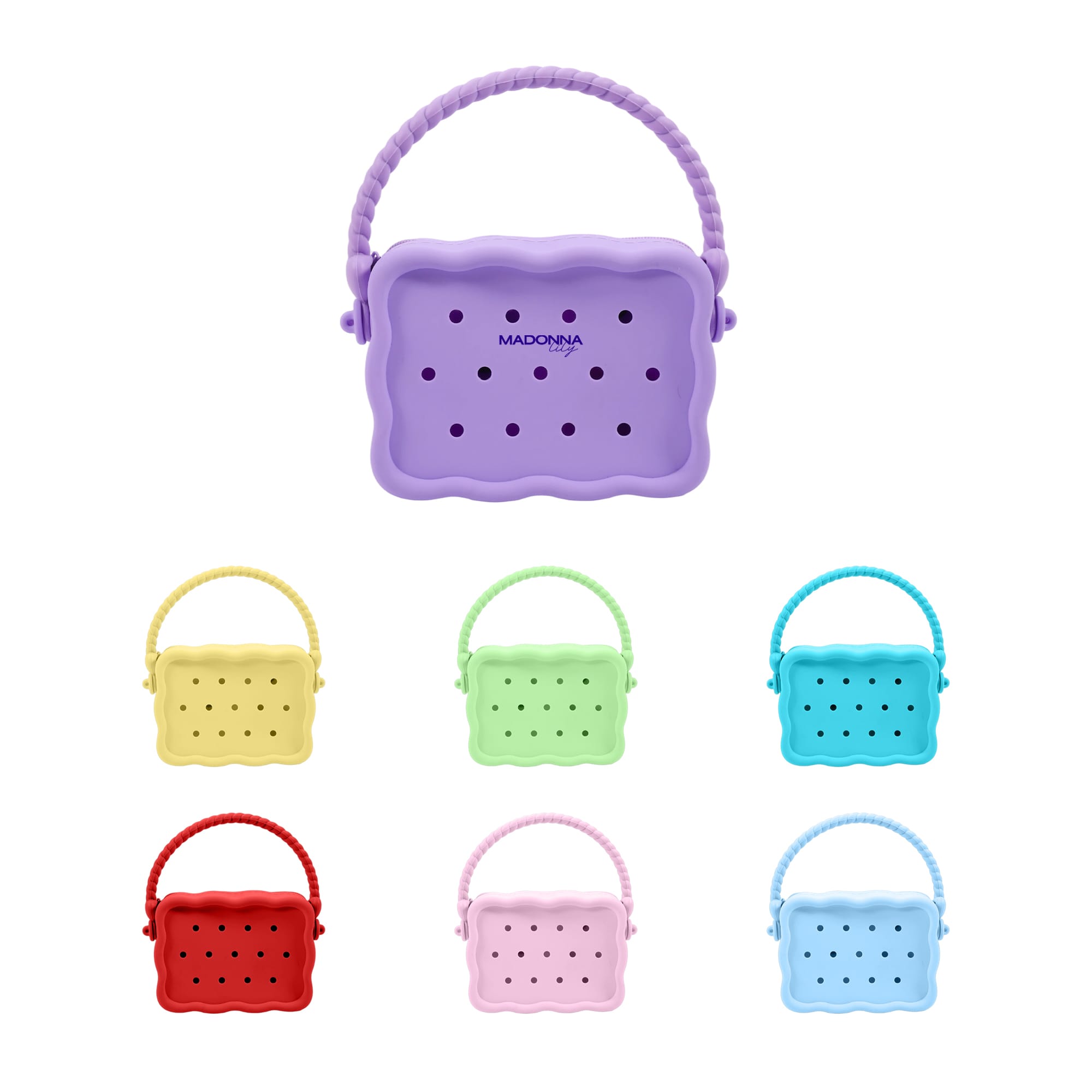 A collection of silicone bags in various colours, featuring a handle and multiple holes for ventilation. Silicone Holes Bag - Image 1
