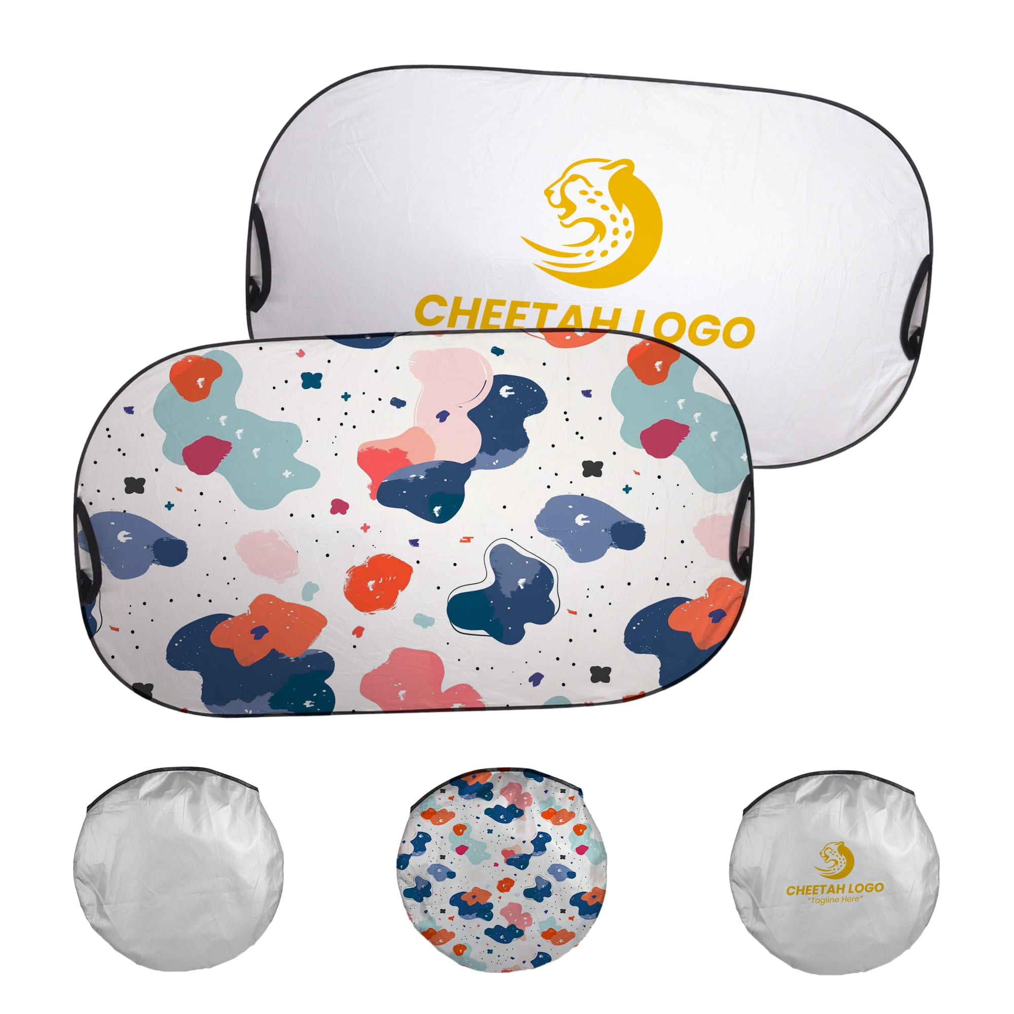 A light-blocking car sun shade featuring a colourful abstract pattern on one side and a white side with a logo. Light-blocking Car Sun Shade - Image 1