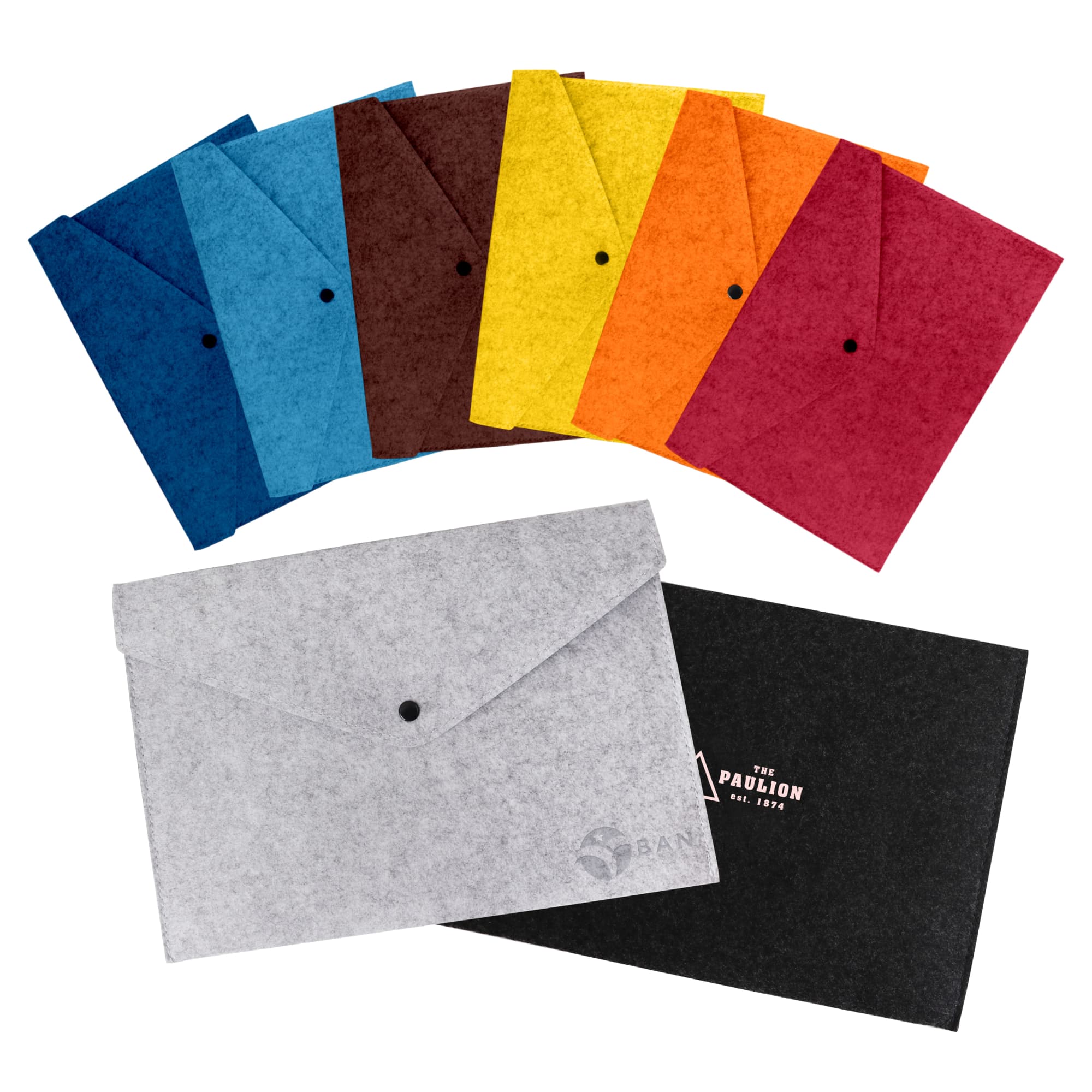 A collection of felt file folders in various colours: blue, brown, yellow, red, and grey, with a black folder at the bottom. Felt File Folder - Image 1