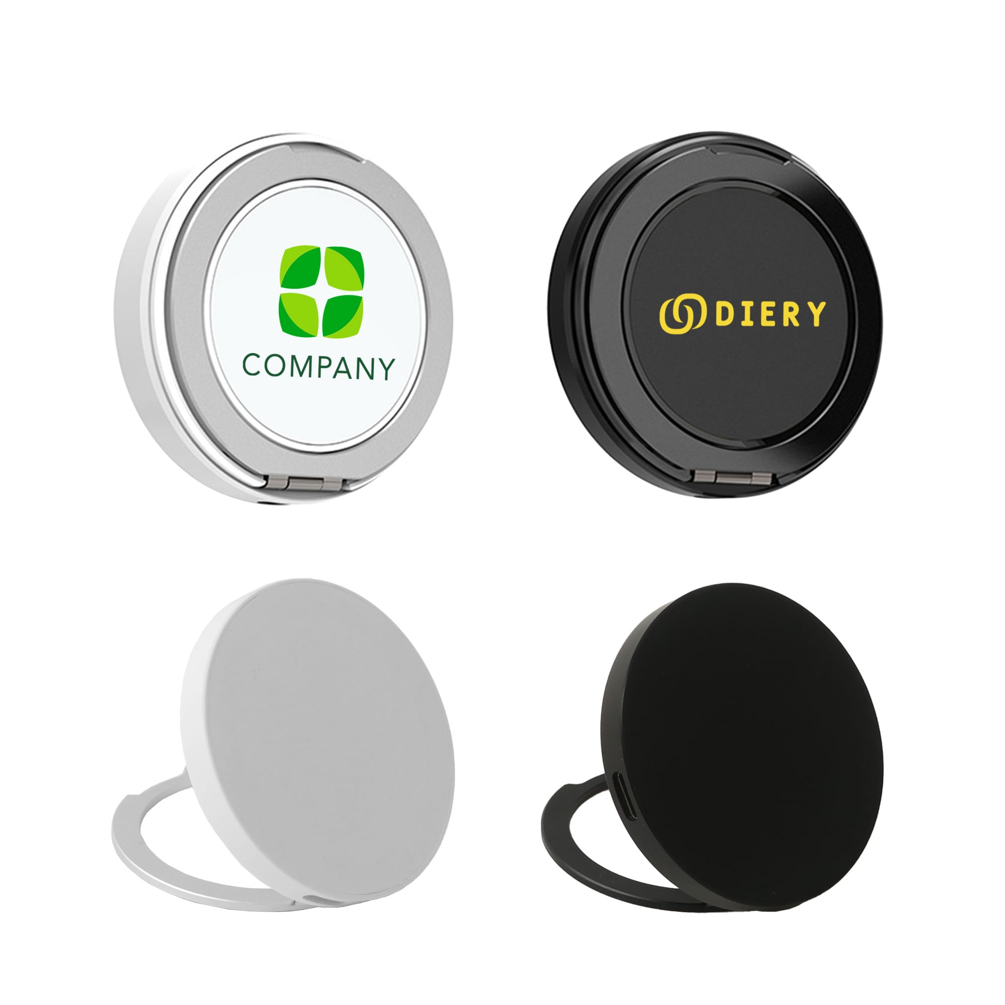A set of four magnetic wireless charge stands in black, white, and silver, each featuring a logo. Magnetic Wireless Charge Stand - Image 1