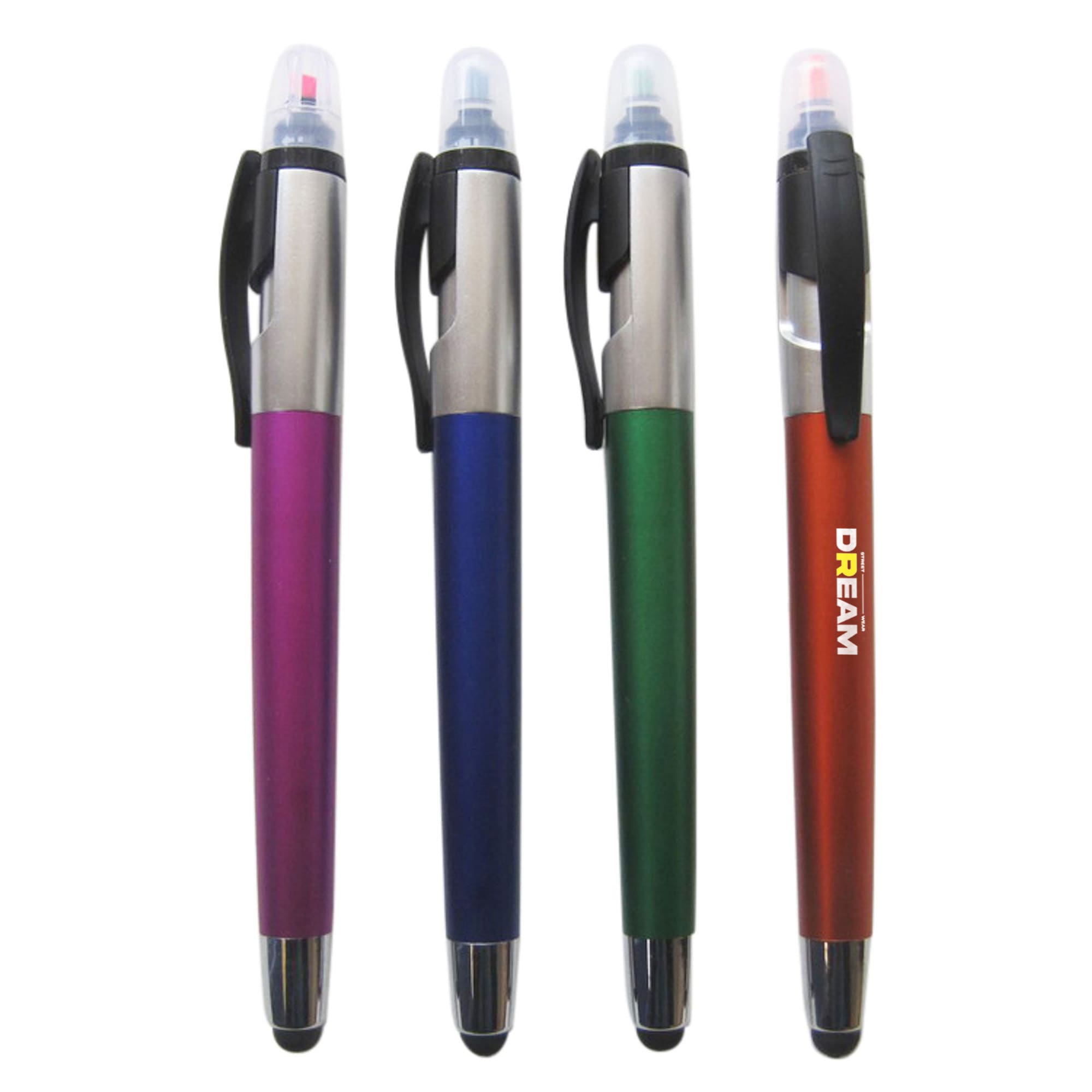 A set of four pens featuring a pen and highlighter, in purple, blue, green, and red colours, with a logo on one. Ball Pen with Highlighter - Image 1