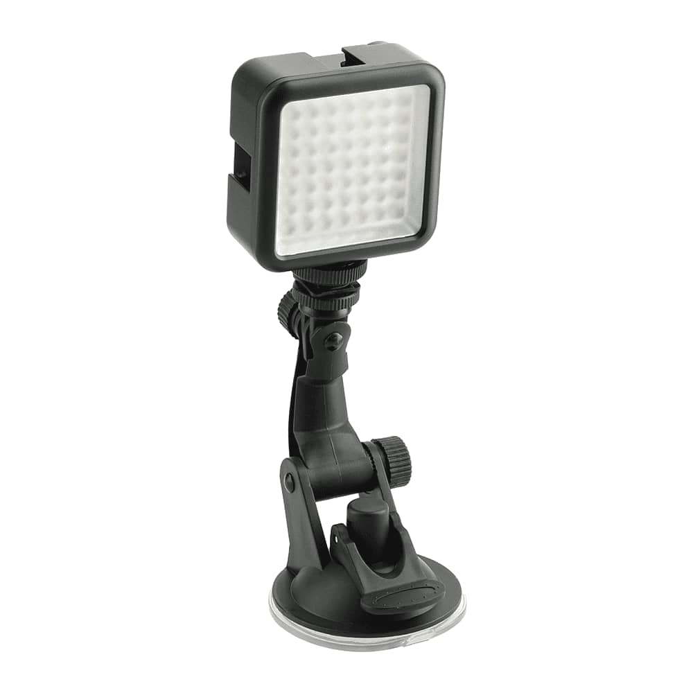 A black portable video light with a square head and adjustable arm, featuring a suction cup base for mounting. Laptop & Tablet Portable Video Light - Image 1