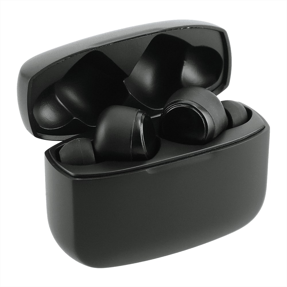 True wireless earbuds in a black charging case, featuring a sleek design and a logo on the case. A-Ray True Wireless Auto Pair Earbuds w/ ANC - Image 1
