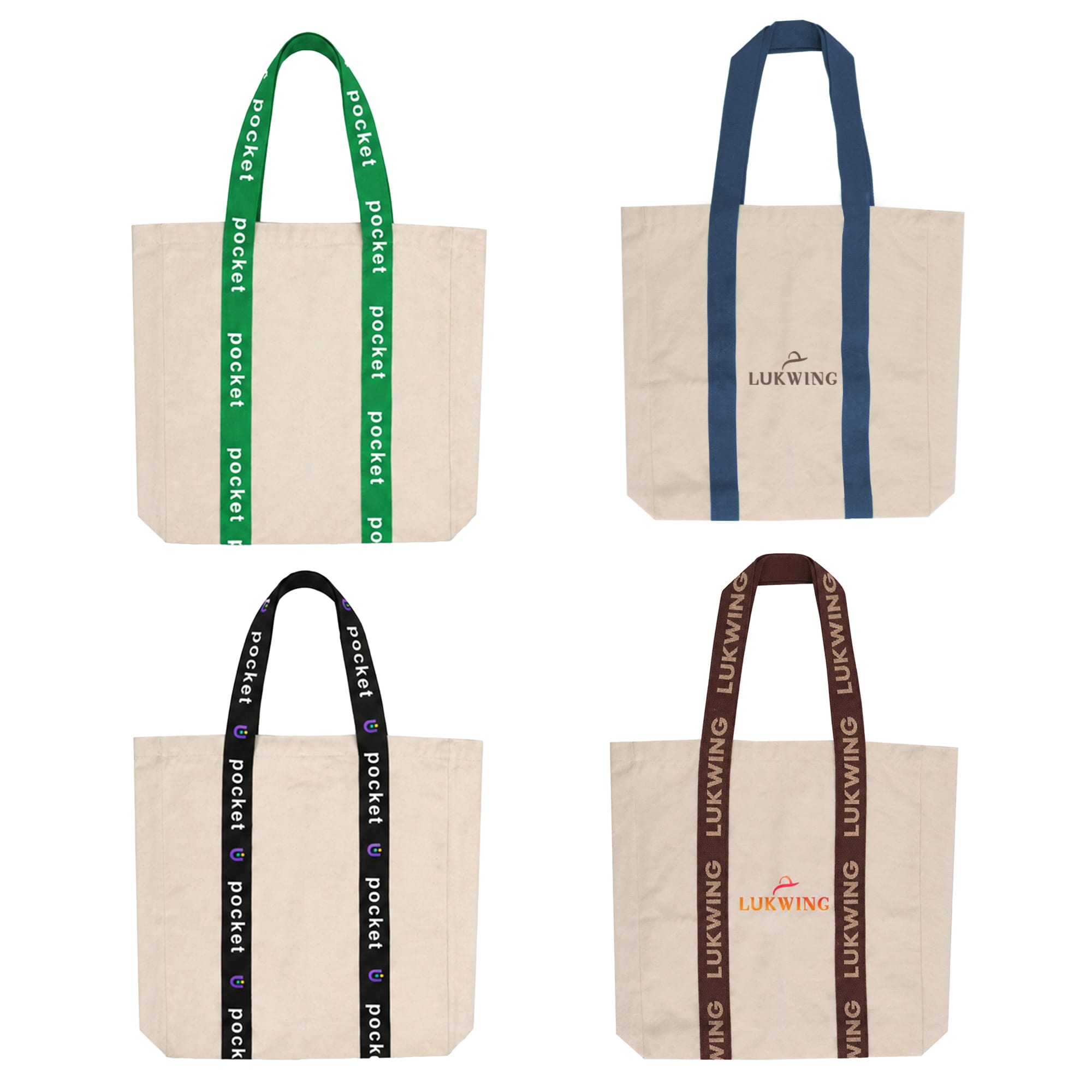 A collection of four custom woven handle tote bags in beige with blue, green, brown, and dark brown straps, featuring logos. Custom Woven Handle Tote Bag - Image 1