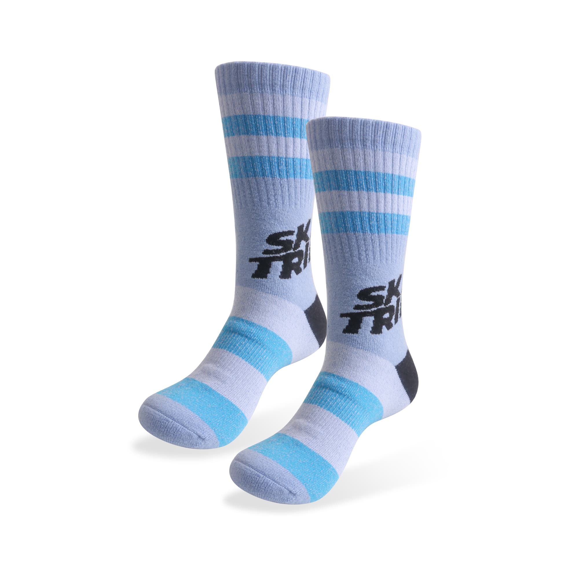 Merino wool socks in shades of blue and grey, featuring striped patterns and a logo. Suitable for casual wear. Crew Custom Pattern Merino Wool Socks - Image 1