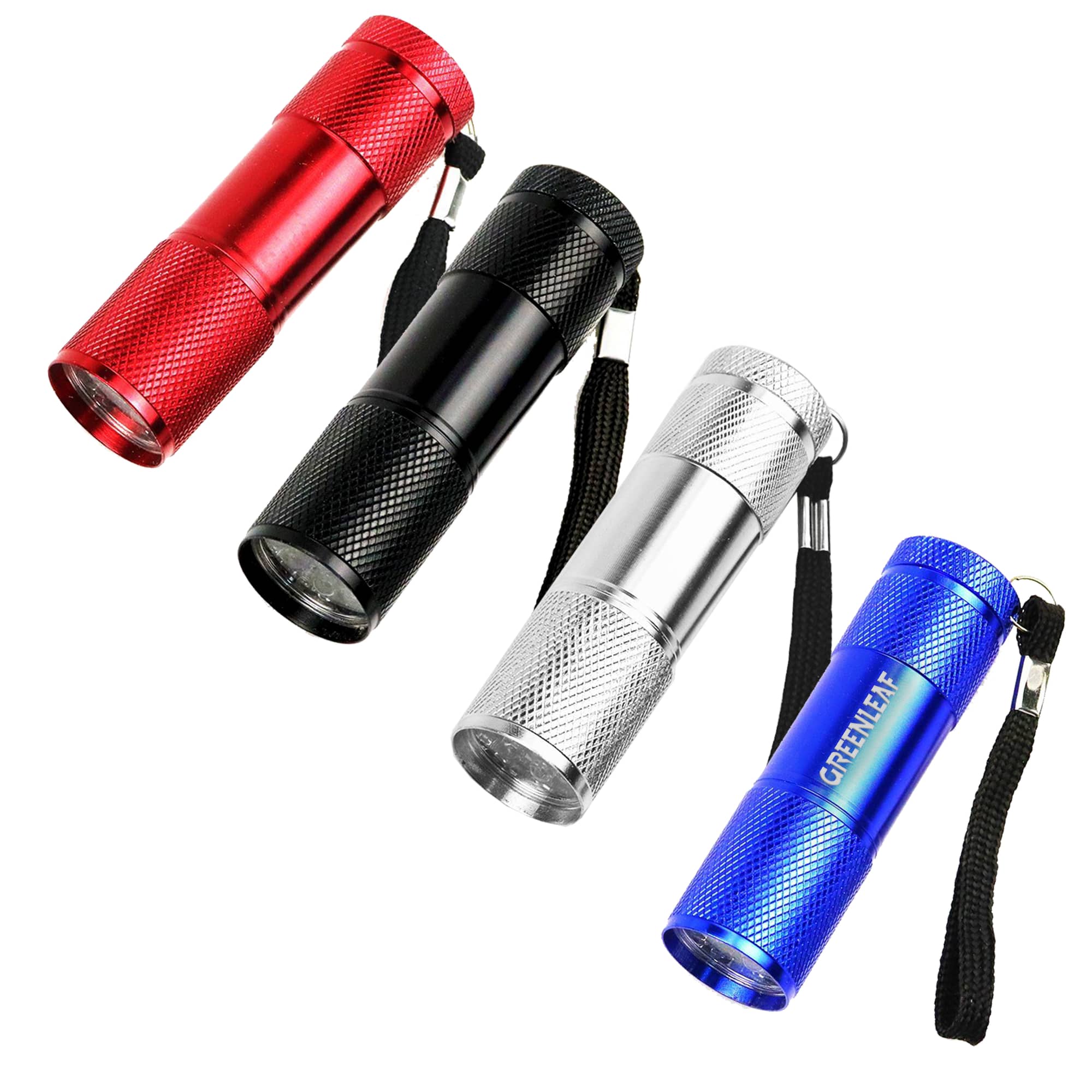 A collection of four portable LED torches in red, black, silver, and blue, each with a wrist strap and textured finish. Portable Led Torch - Image 1