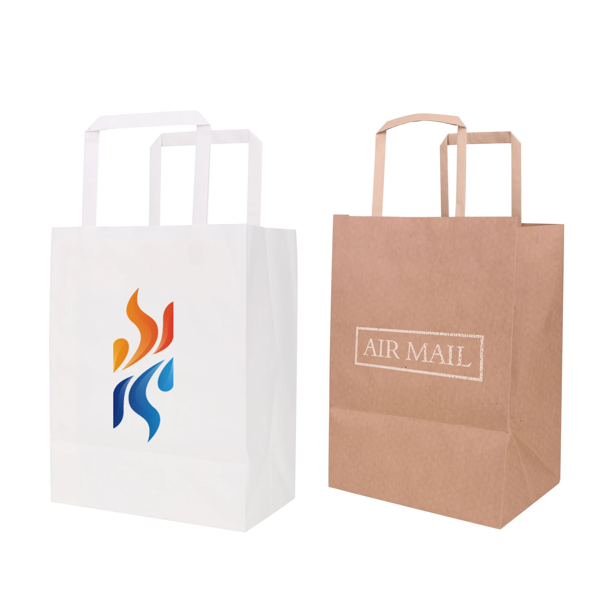 Two flat handle kraft paper bags: one white with a logo, and one brown with airmail design. Both have sturdy handles. Flat Handle Kraft Paper Bag(175x240x110mm) - Image 1