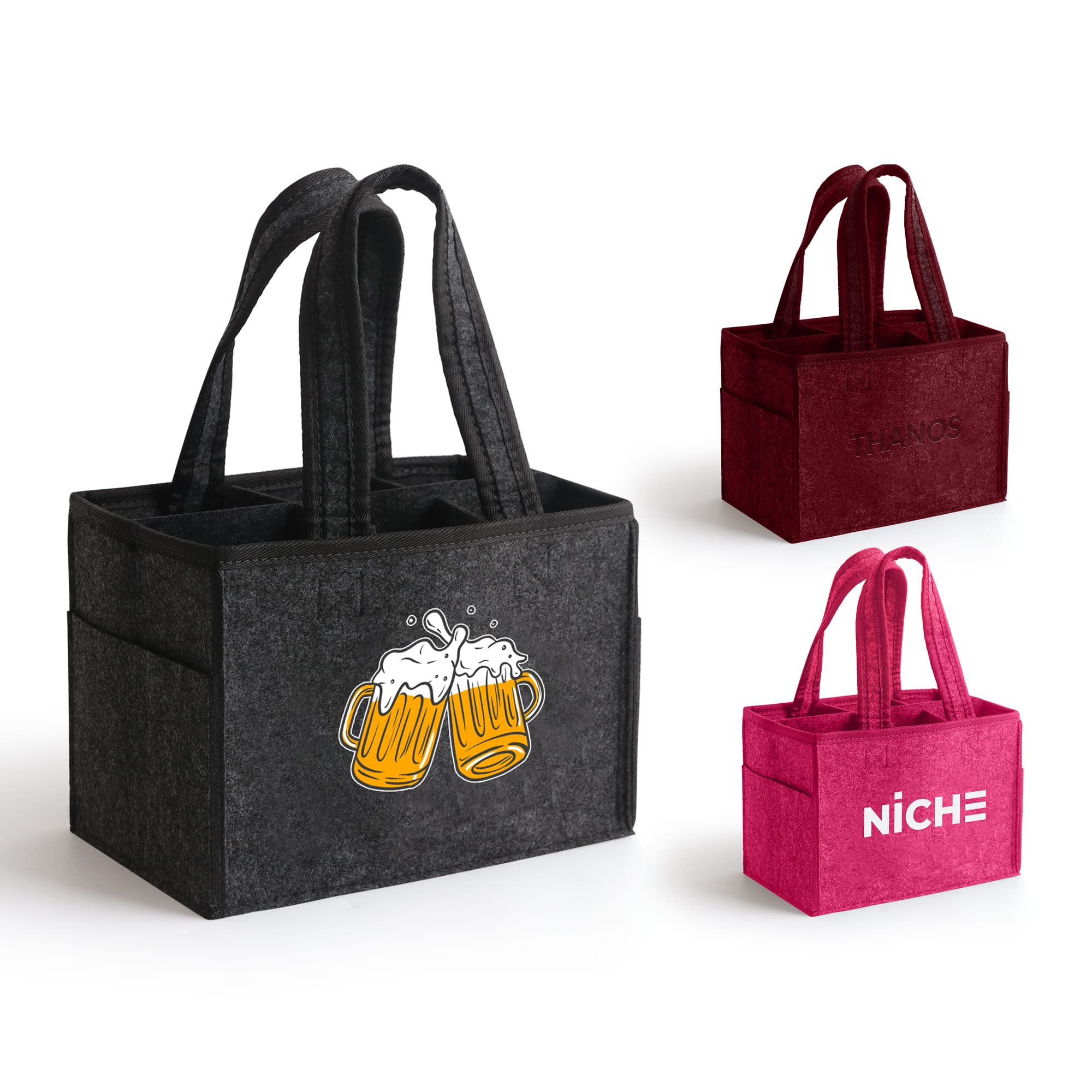 A felt wine tote bag in grey with a beer graphic, alongside red and burgundy versions, each featuring branding. Felt Wine Tote Bag - Image 1