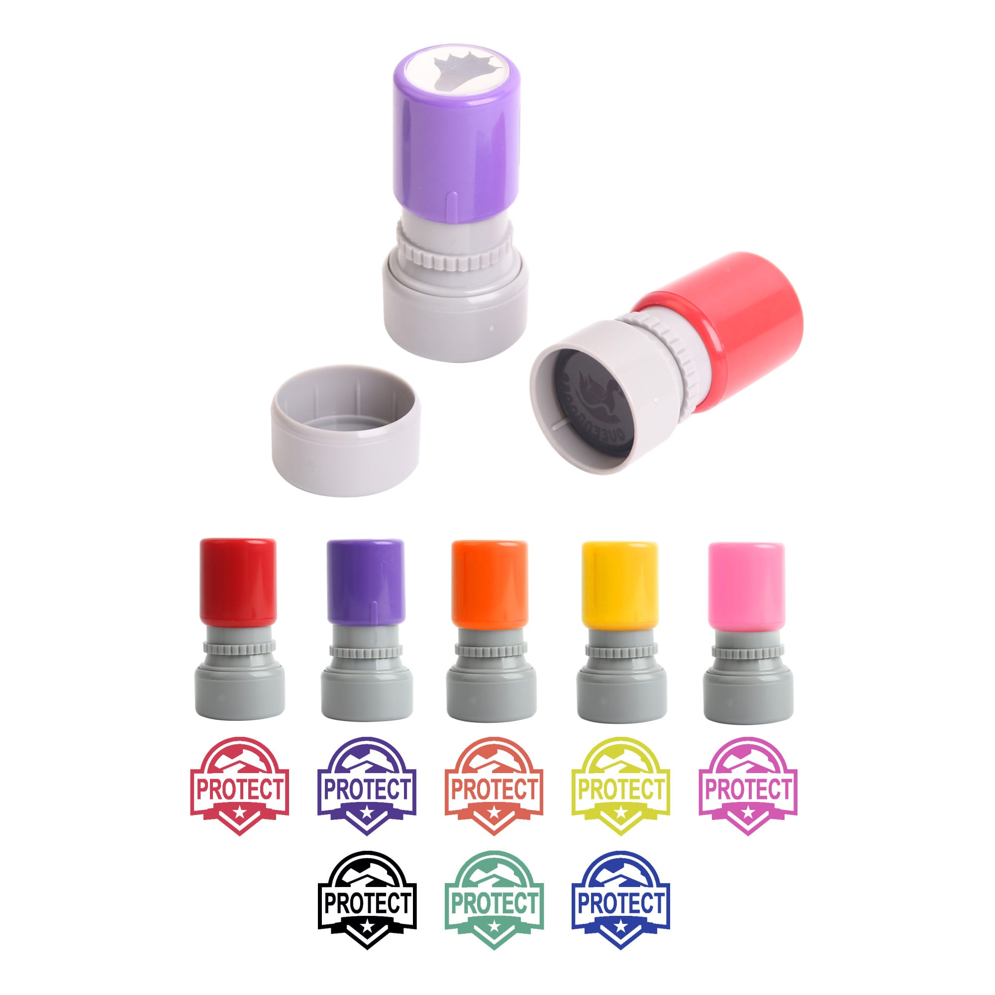 A coloured round stamp in purple, red, yellow, orange, pink, and grey, featuring a logo and various stamp ink colours. Coloured Round Stamp - Image 1