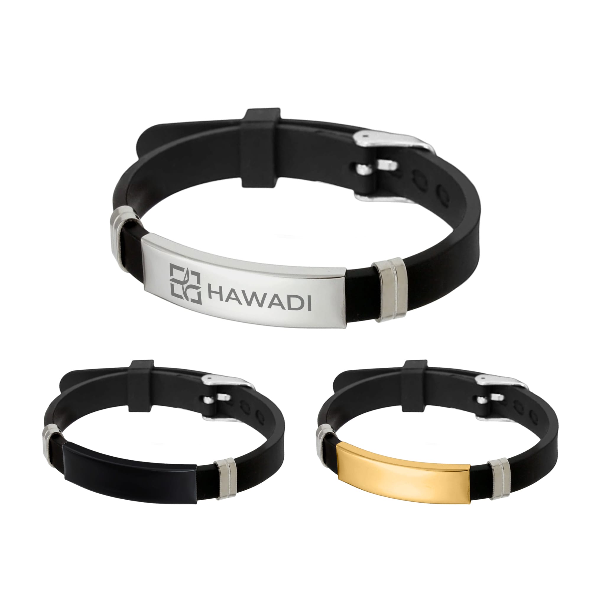 A Metal Silica Bracelet featuring a black strap with silver and gold accents, and a branded logo plate. Metal Silica Bracelet - Image 1