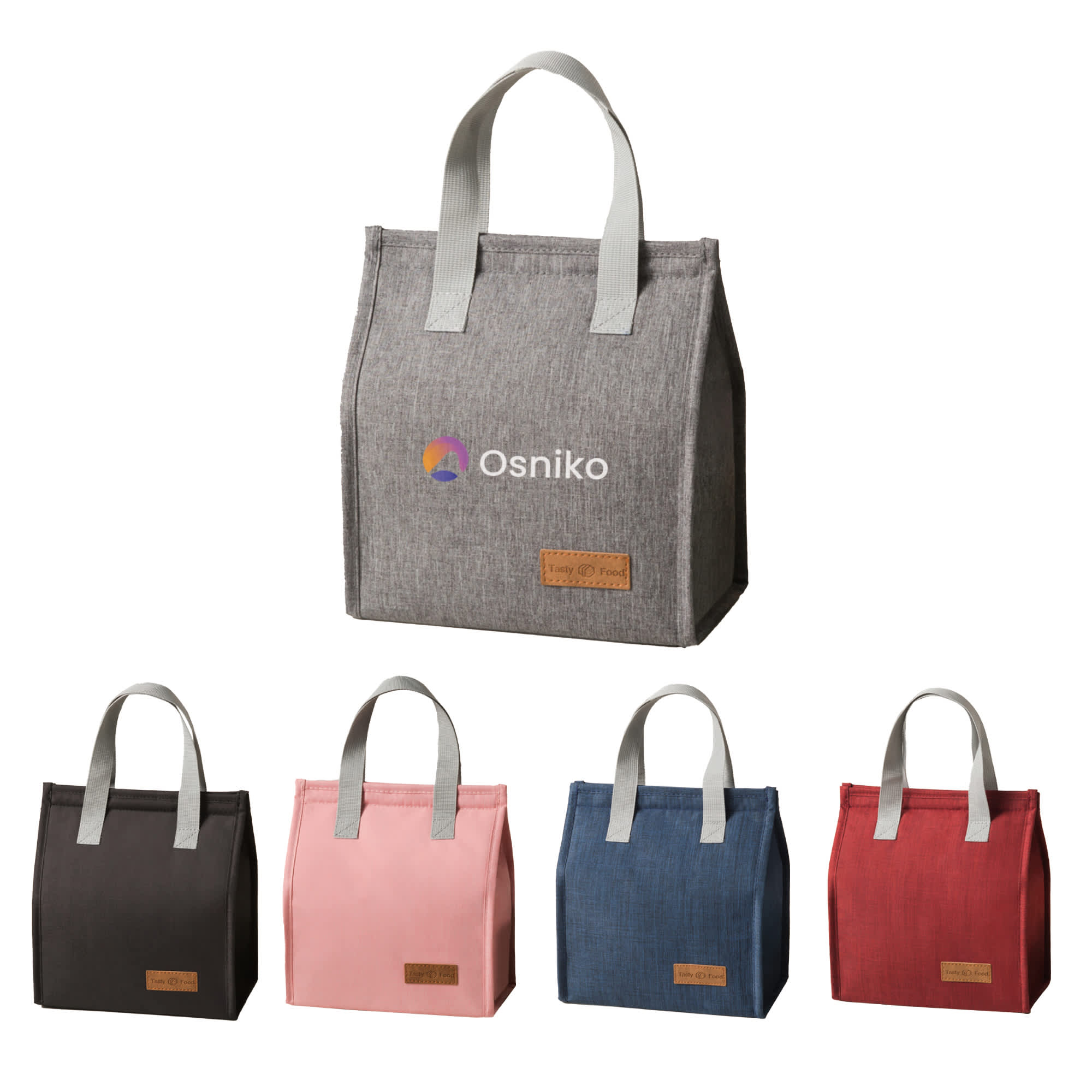 A grey minimalist lunch bag with two handles, surrounded by brown, pink, blue, and red versions, featuring a logo. Minimalist Lunch Bag - Image 1