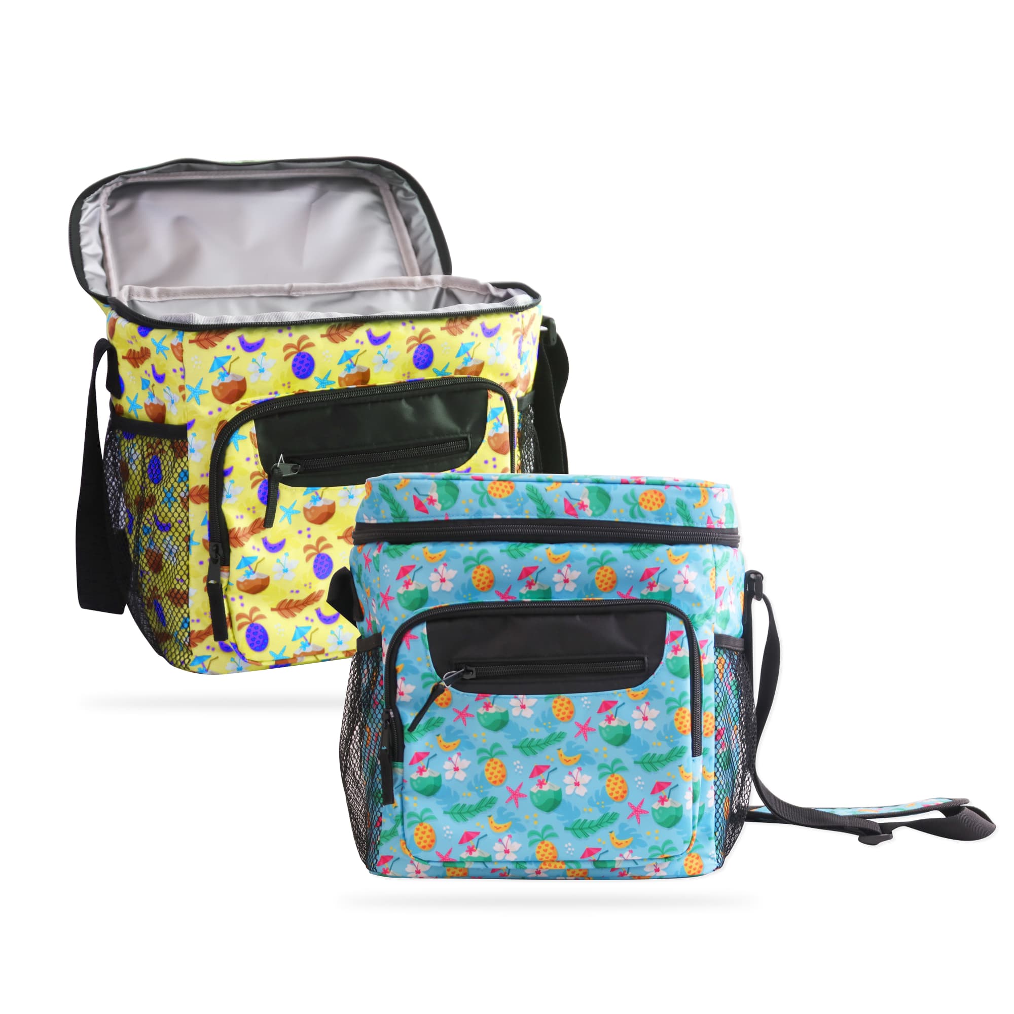 A colourful cooler bag with a strap, featuring floral patterns in blue and yellow, with zippered pockets. Sublimation Cooler Bag with Strap - Image 1