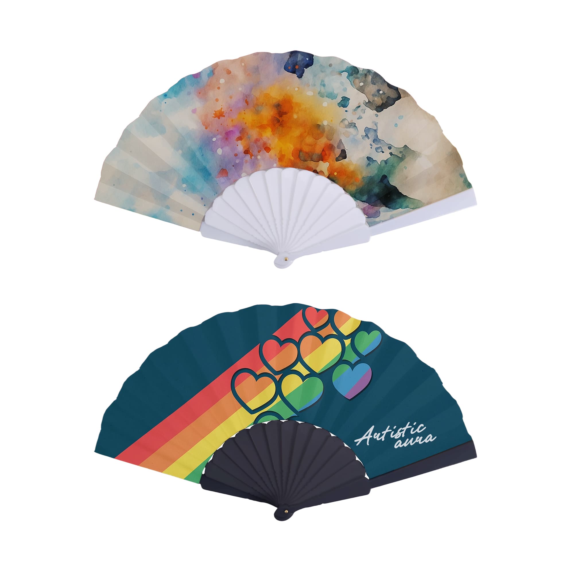 A paper hand-held fan featuring a colourful, artistic design with abstract patterns and heart motifs in vibrant colours. Paper Hand Held Fan - Image 1
