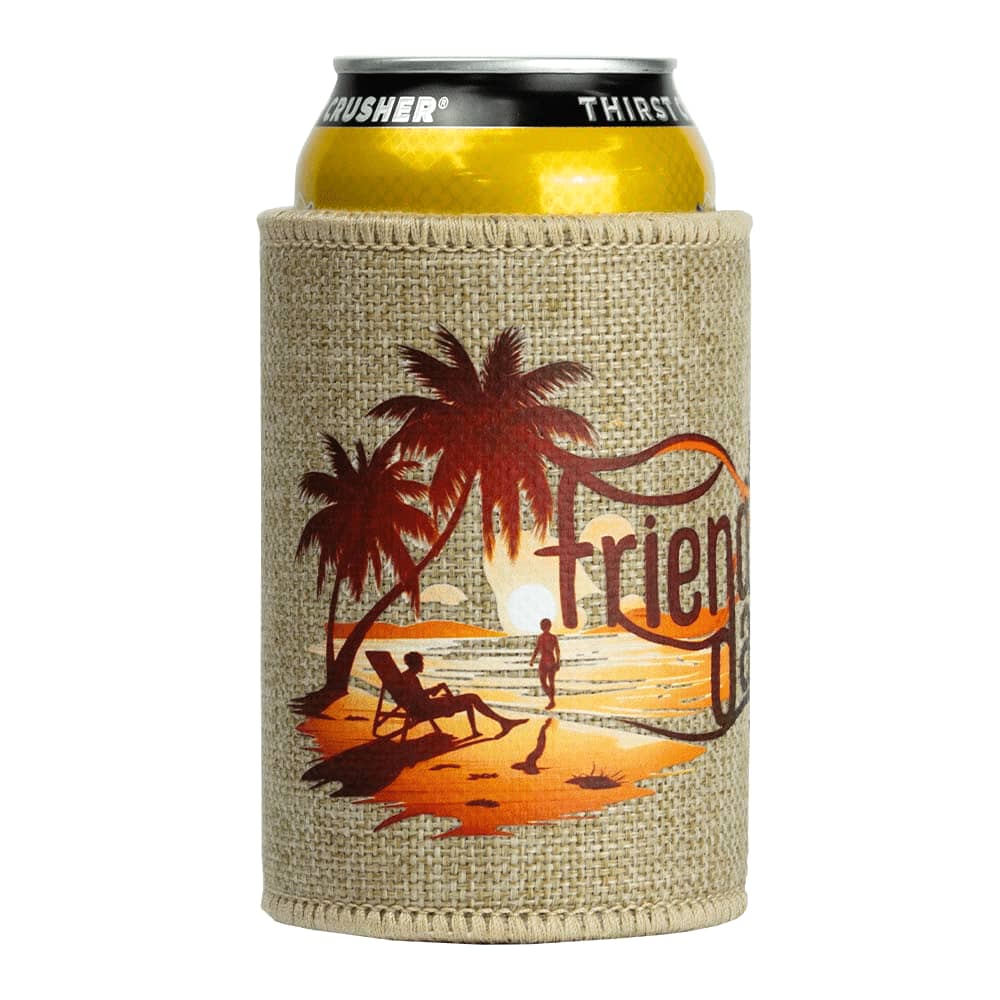 A jute stubby holder in beige with a sunset beach scene and palm trees, featuring a logo. Perfect for beverage cans. Jute Stubby Holder - Image 1