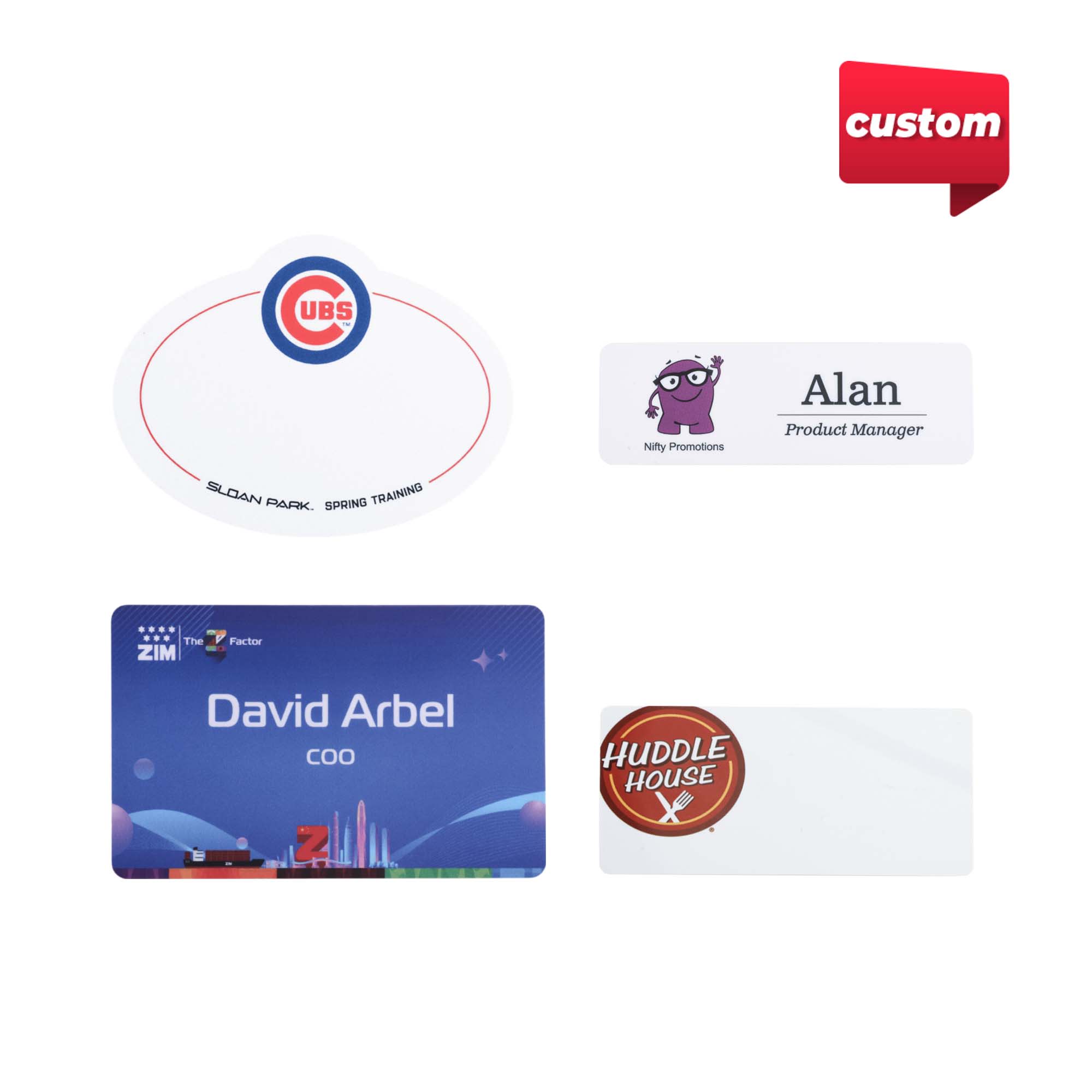 Custom PVC name badges in various shapes and designs, featuring multiple colours and a logo. Custom PVC Name Badge - Image 1