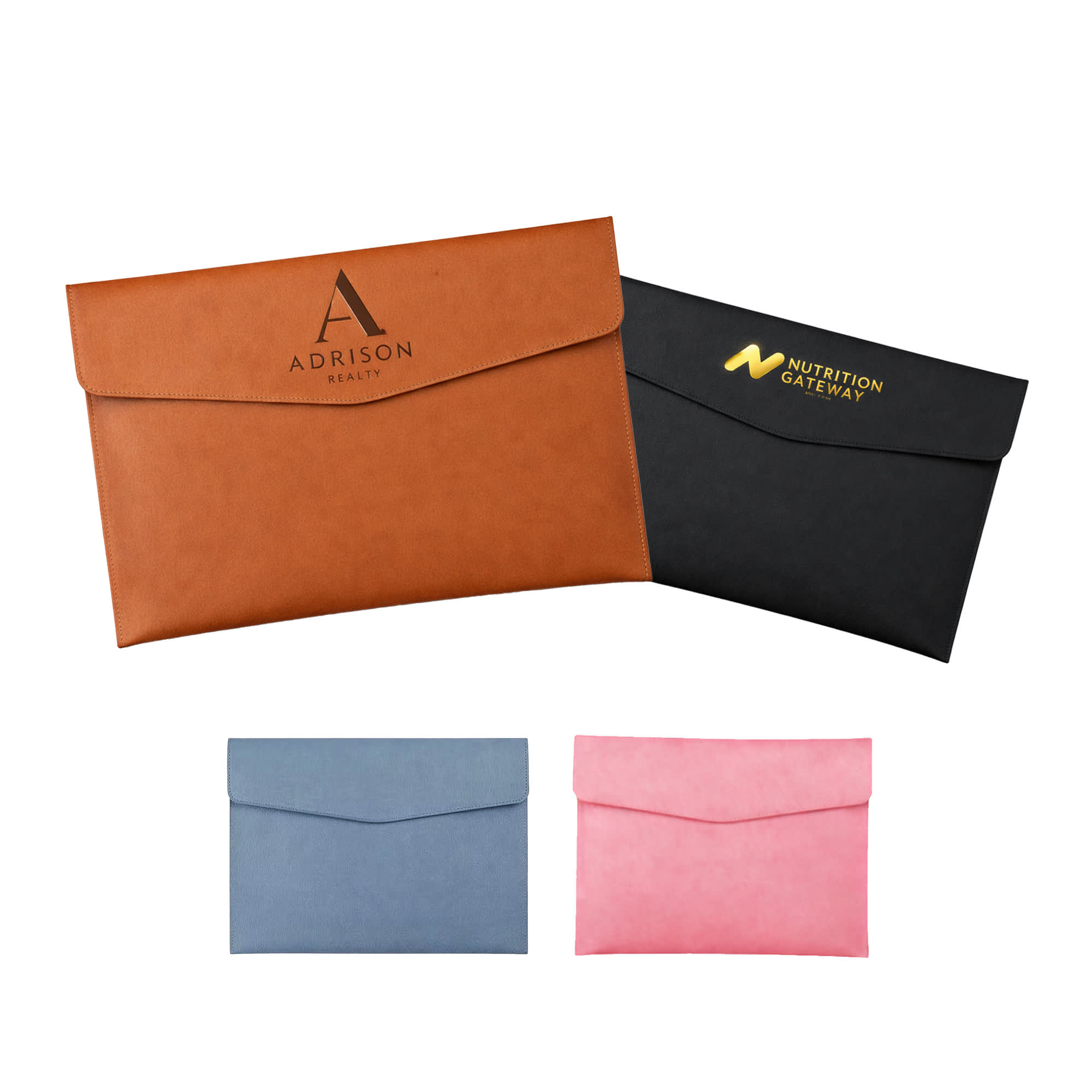 APU leather A4 file bag collection in orange, black, blue, and pink, featuring branded logos. PU Leather A4 File Bag - Image 1