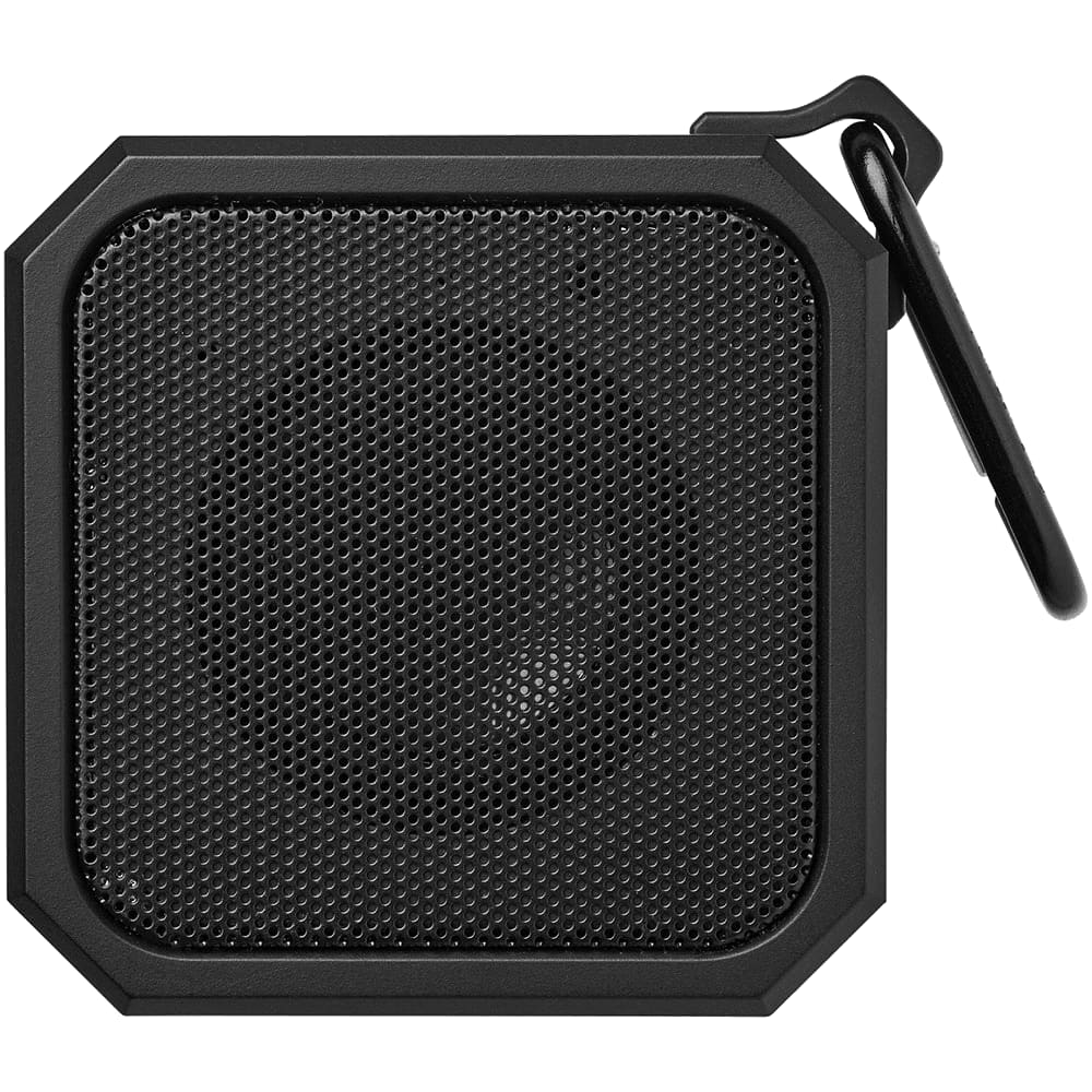 A compact black outdoor waterproof Bluetooth speaker with a mesh grille and a carabiner clip. Blackwater Outdoor Waterproof Bluetooth Speaker - Image 1